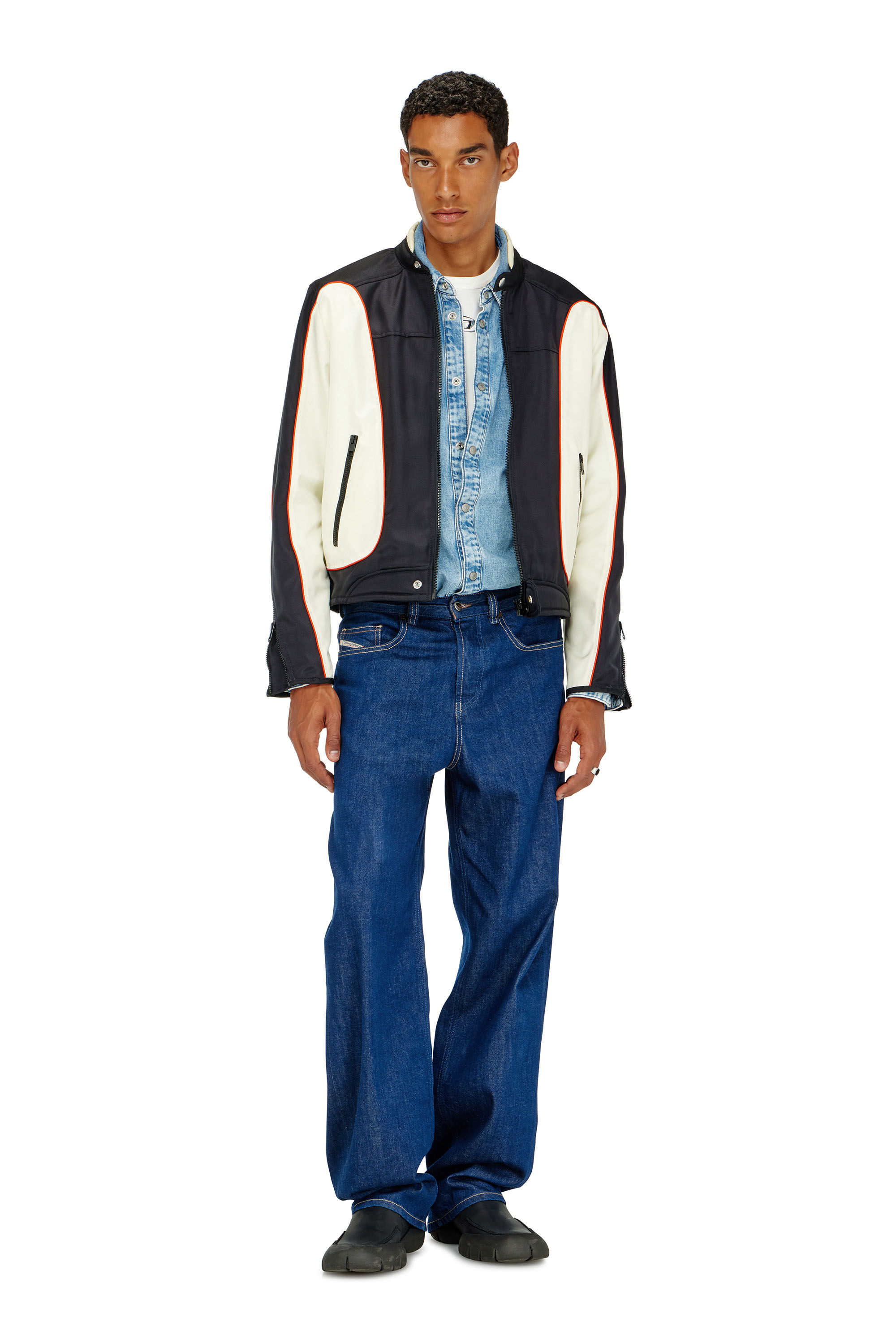 Diesel - J-BLINK-A, Man's Colour-block biker jacket with piping in White/Black - 1