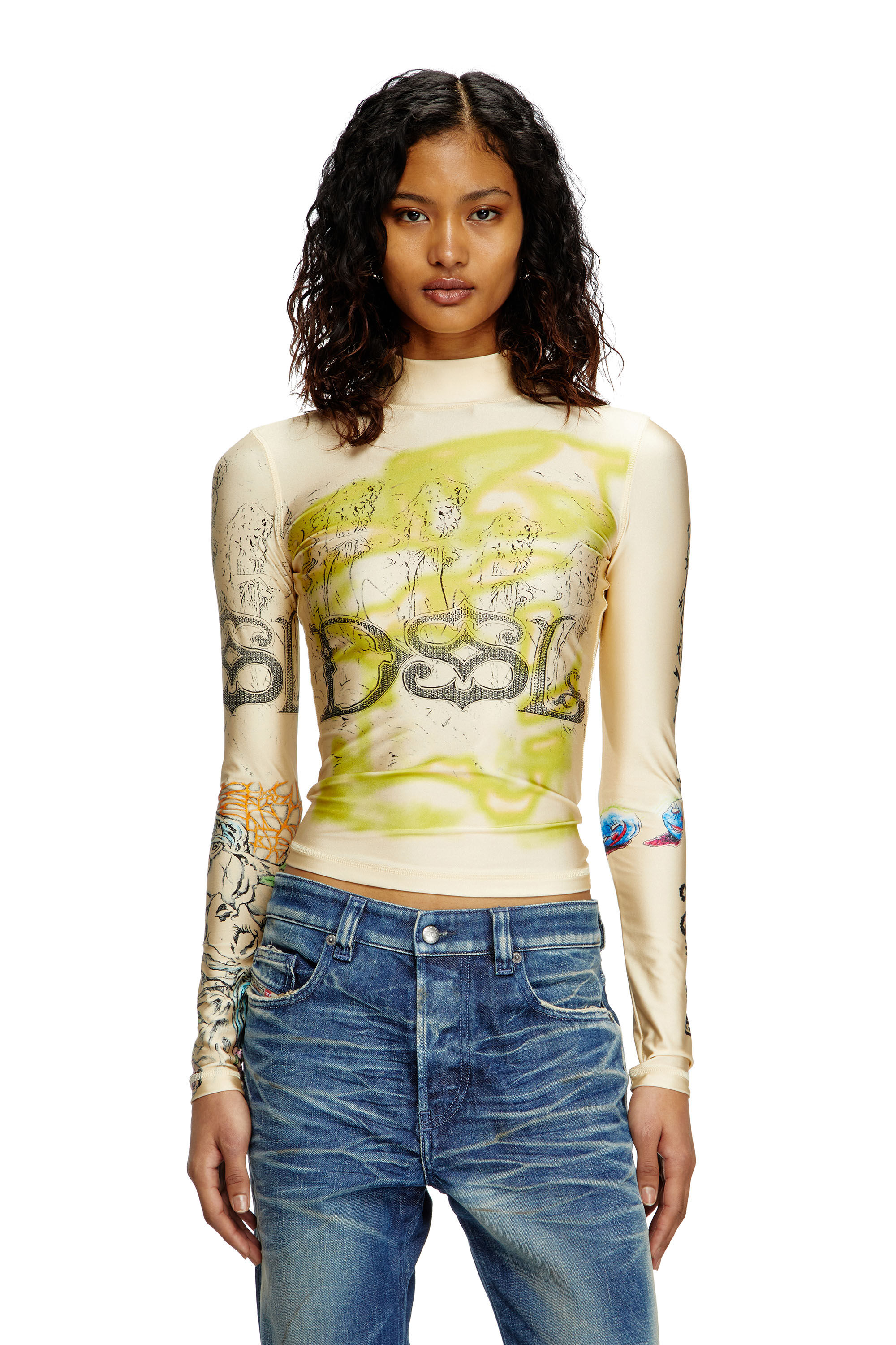 Diesel - T-IMUN, Woman's Turtleneck top with tattoo print in Beige - 3