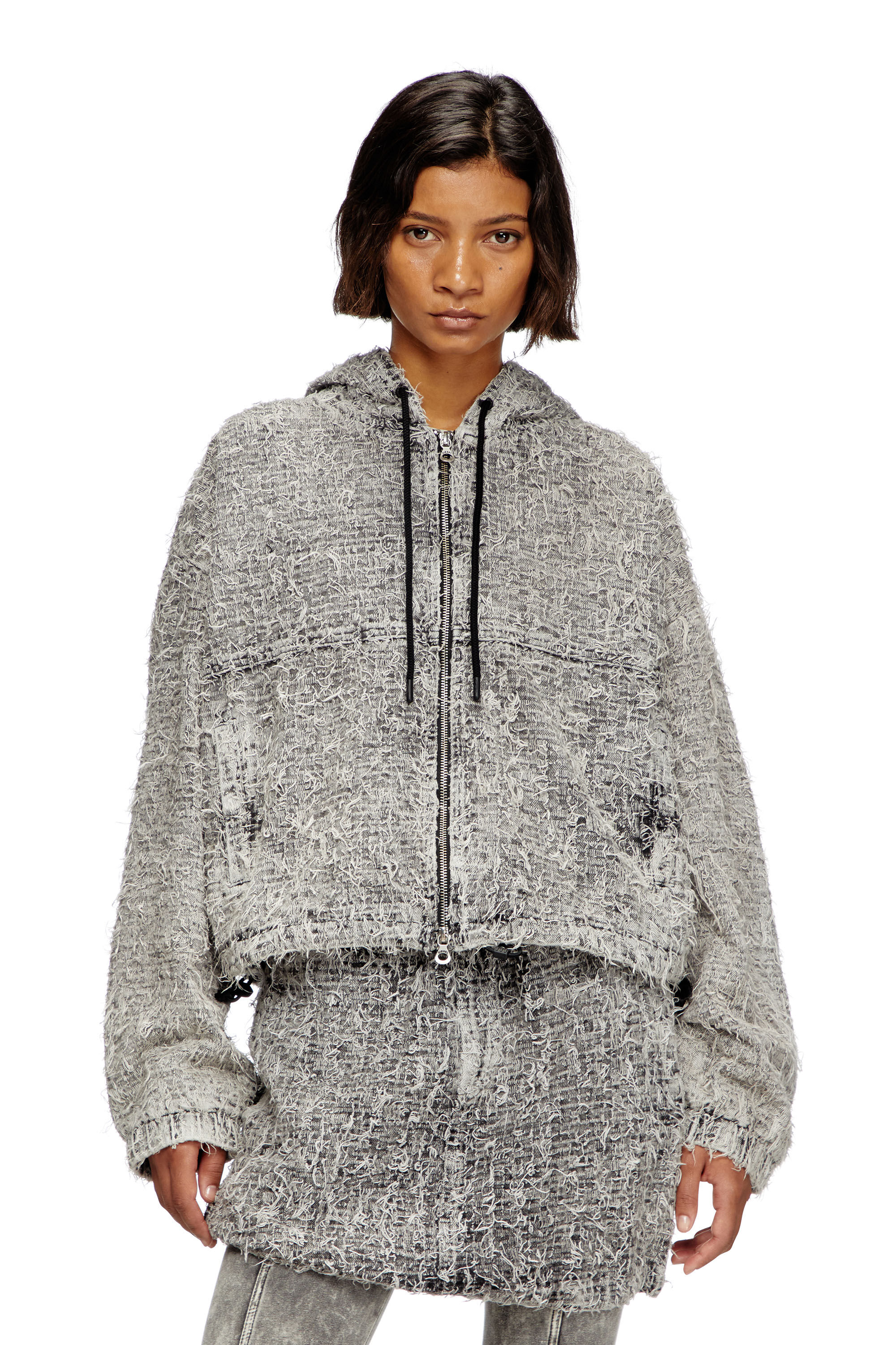 Diesel - DE-FLOW-S1, Woman's Hooded jacket in bouclé denim in Grey - 3