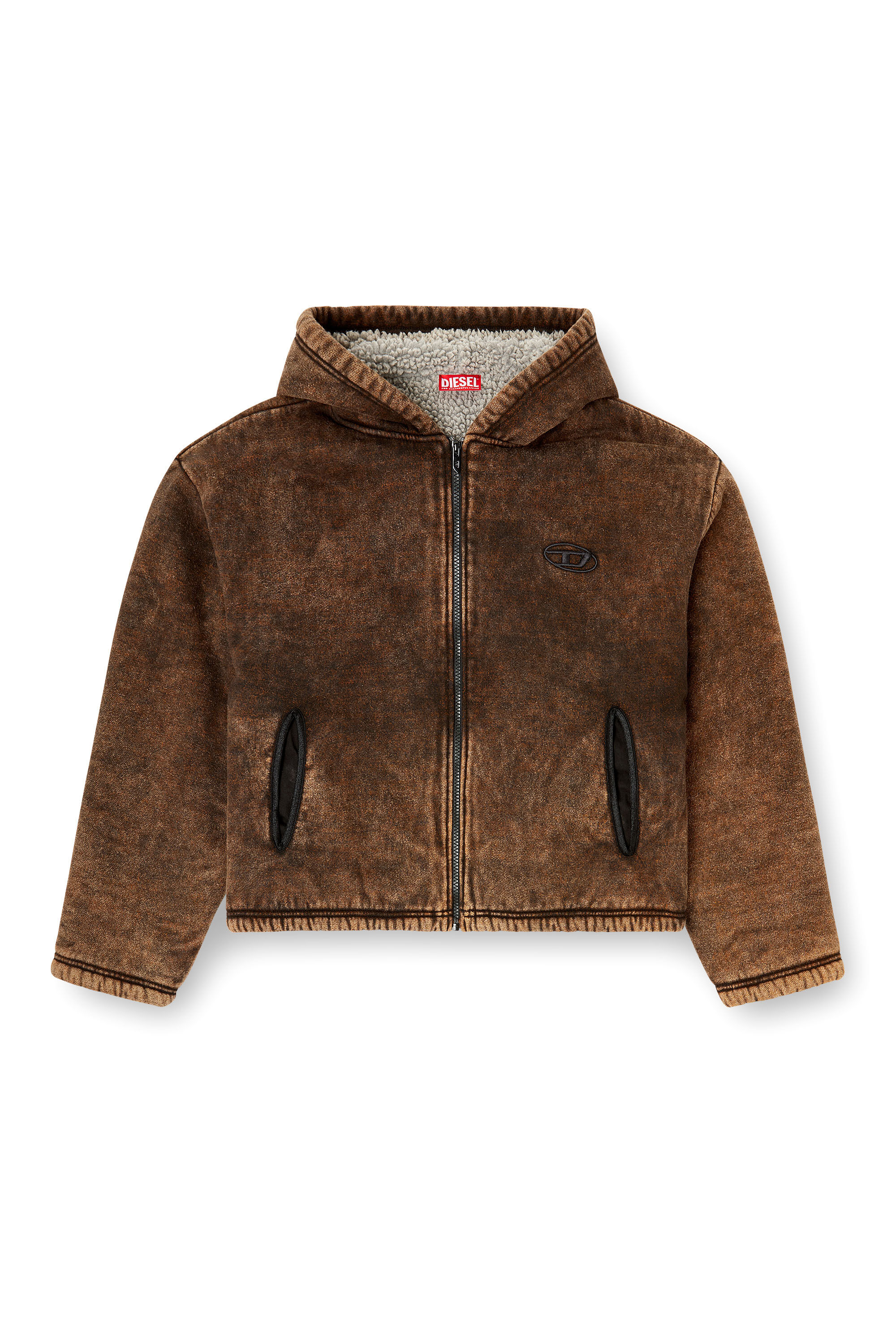 Diesel - F-ELLA, Woman's Acid-wash zip-up hoodie with teddy lining in Brown - 2