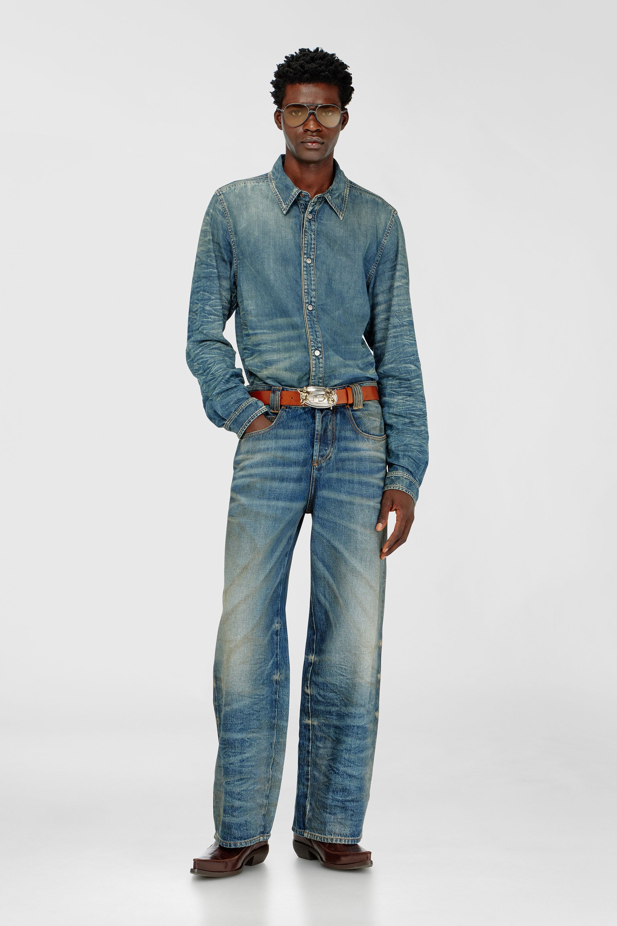 Diesel - D-SYNAR-FSJ4, Man's Shirt in dirty-effect creased denim in null - 1