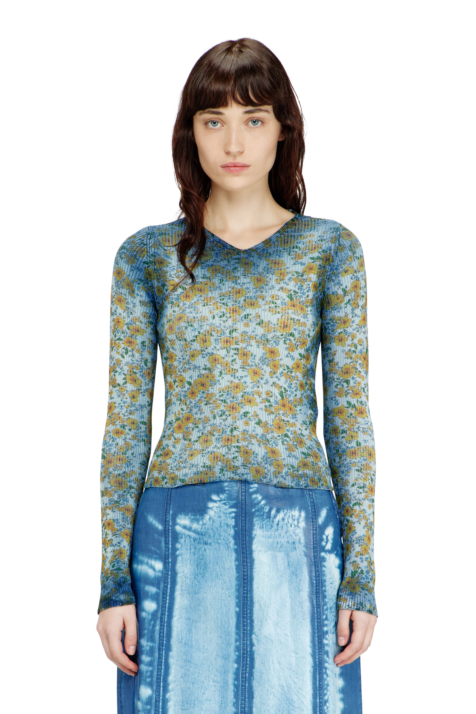 Diesel - M-EGE, Woman's Rib-knit top with floral X-ray effect in Blue - 3
