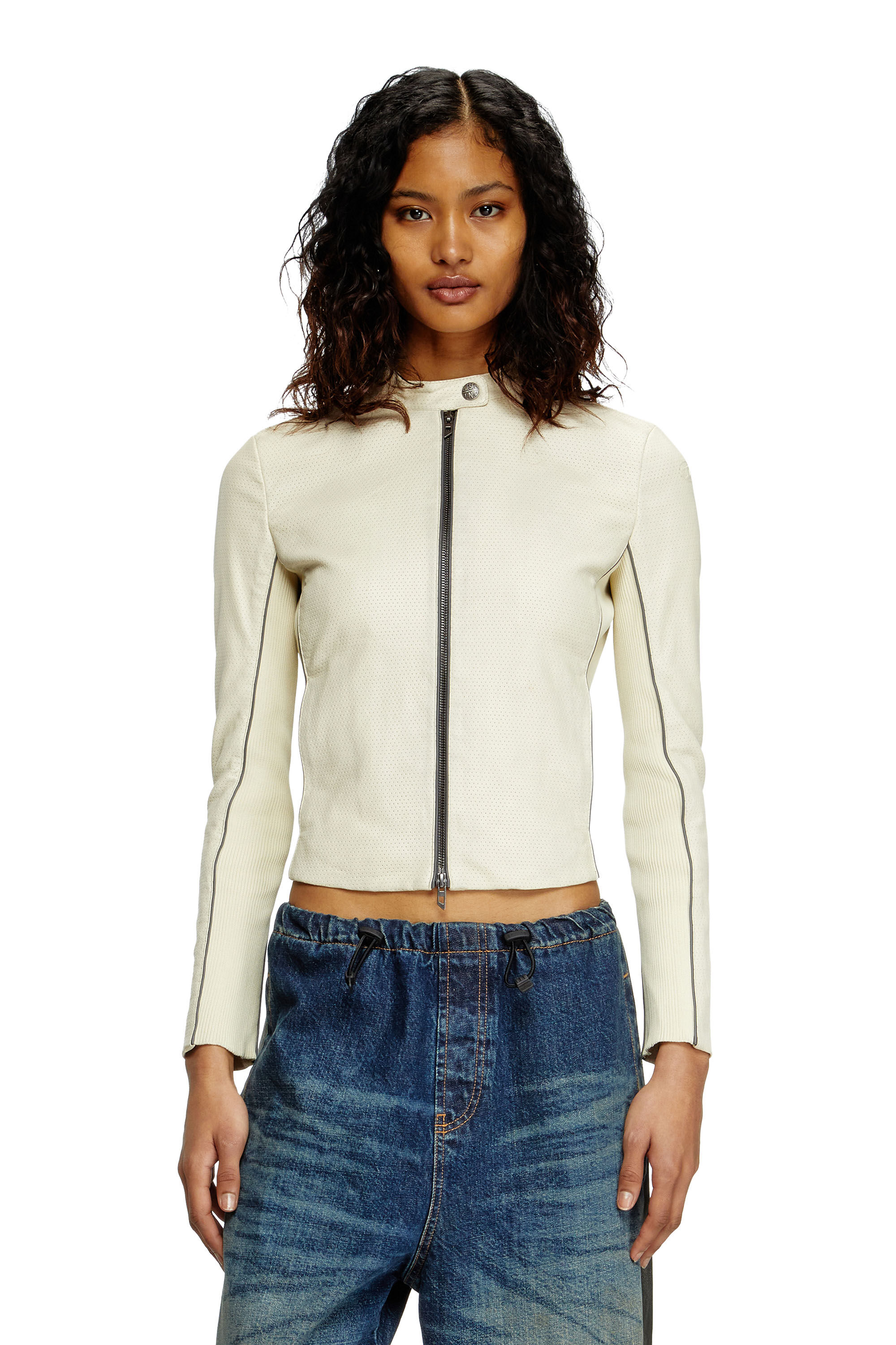 Diesel - L-IBRA, Woman's Biker jacket in perforated stretch leather in White - 3