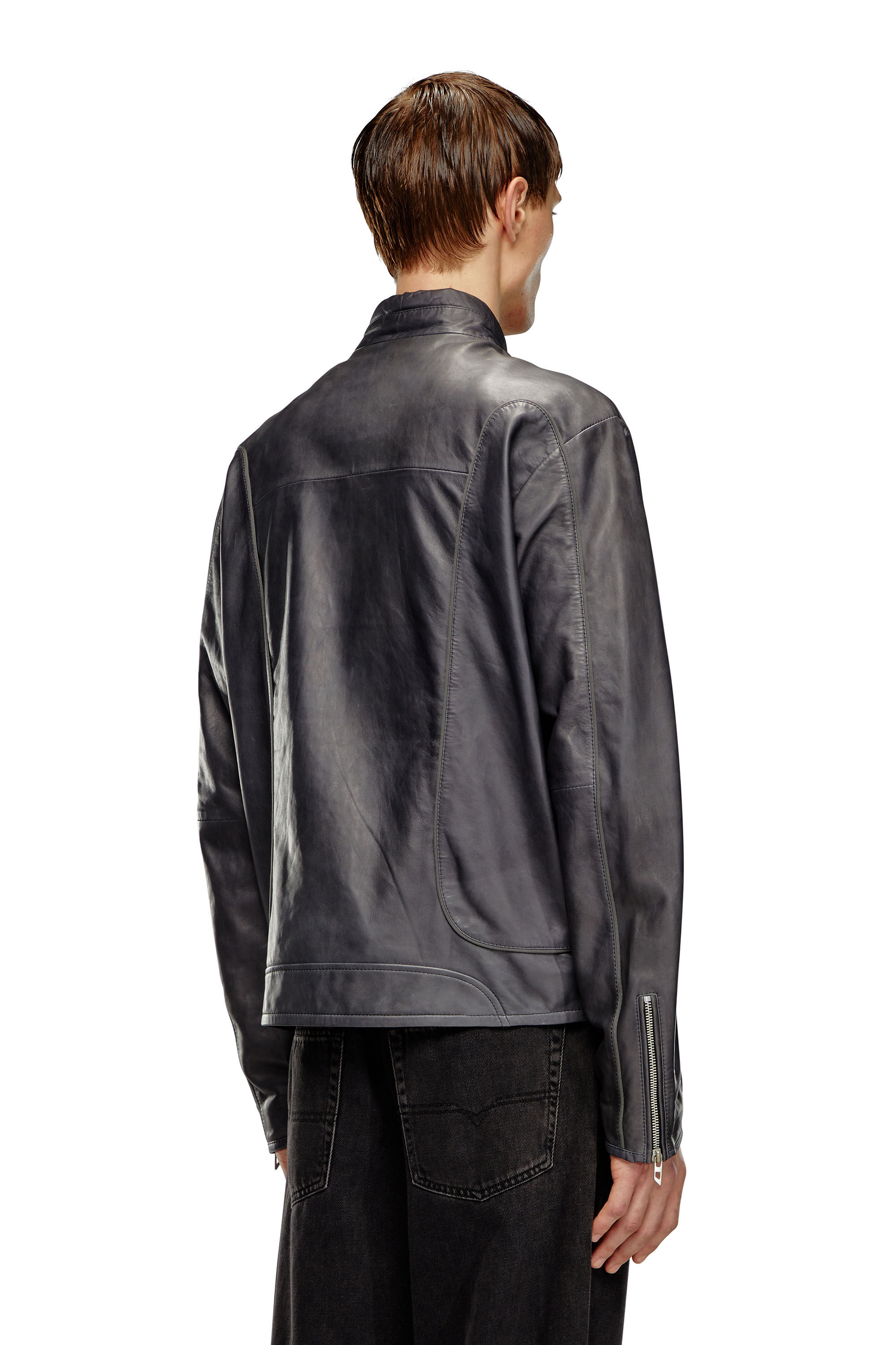 Diesel - L-KRIX, Man's Leather biker jacket with piping in Black - 4