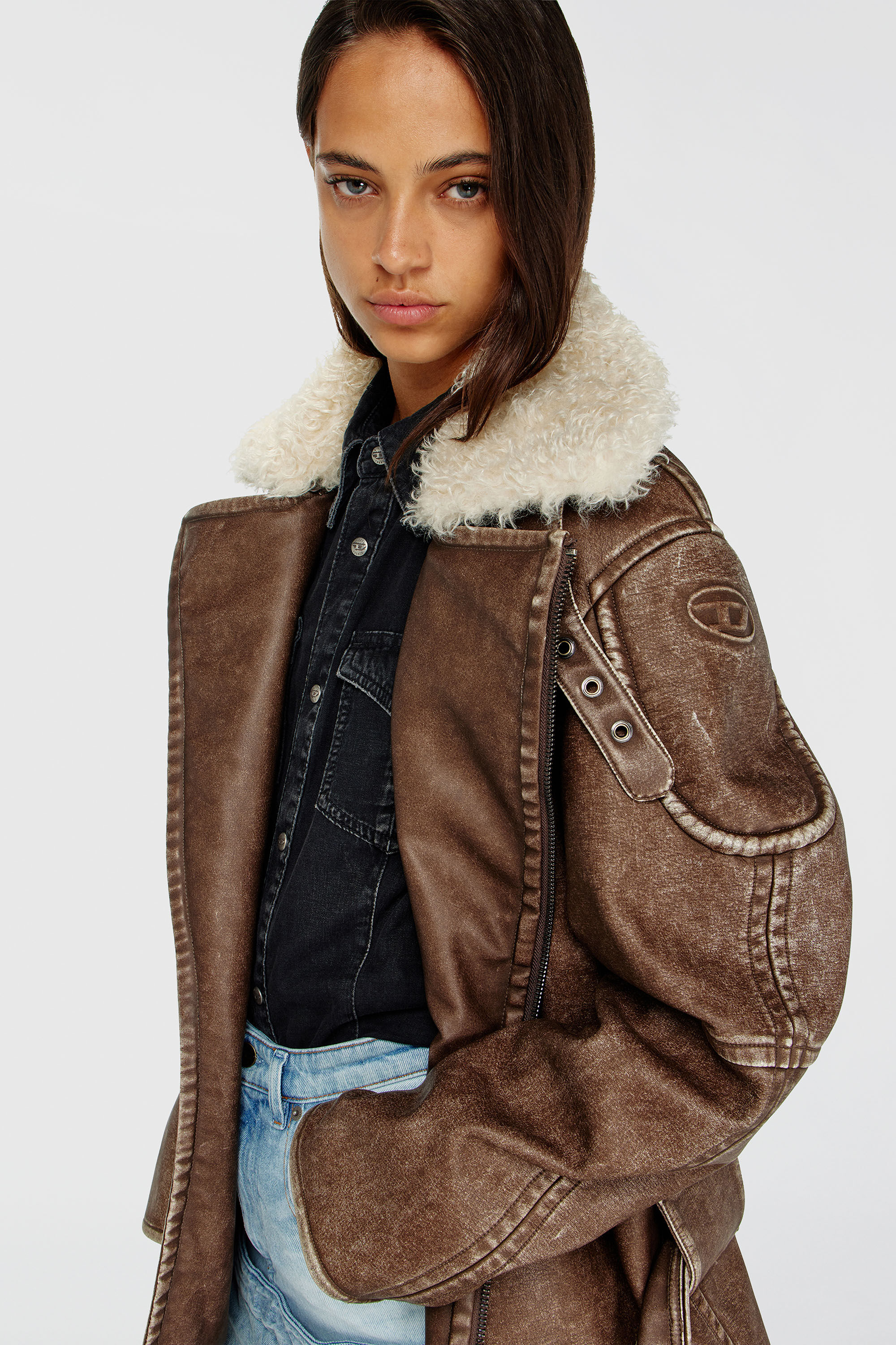 Diesel - G-EYSER, Woman's Double-breasted aviator-biker coat in Brown - 6