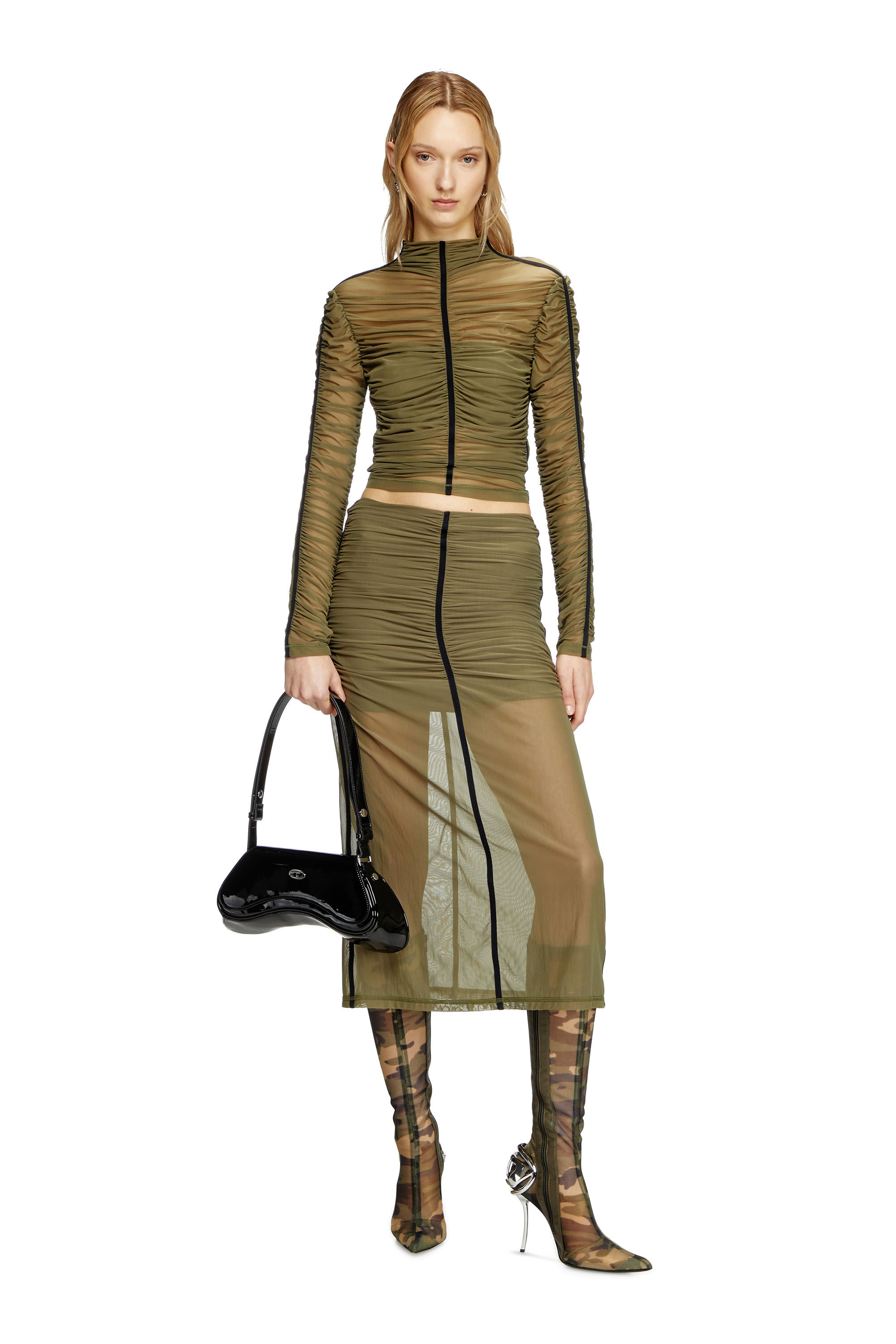 Diesel - T-AIKO, Woman's Tulle jersey top in Olive Green - 1
