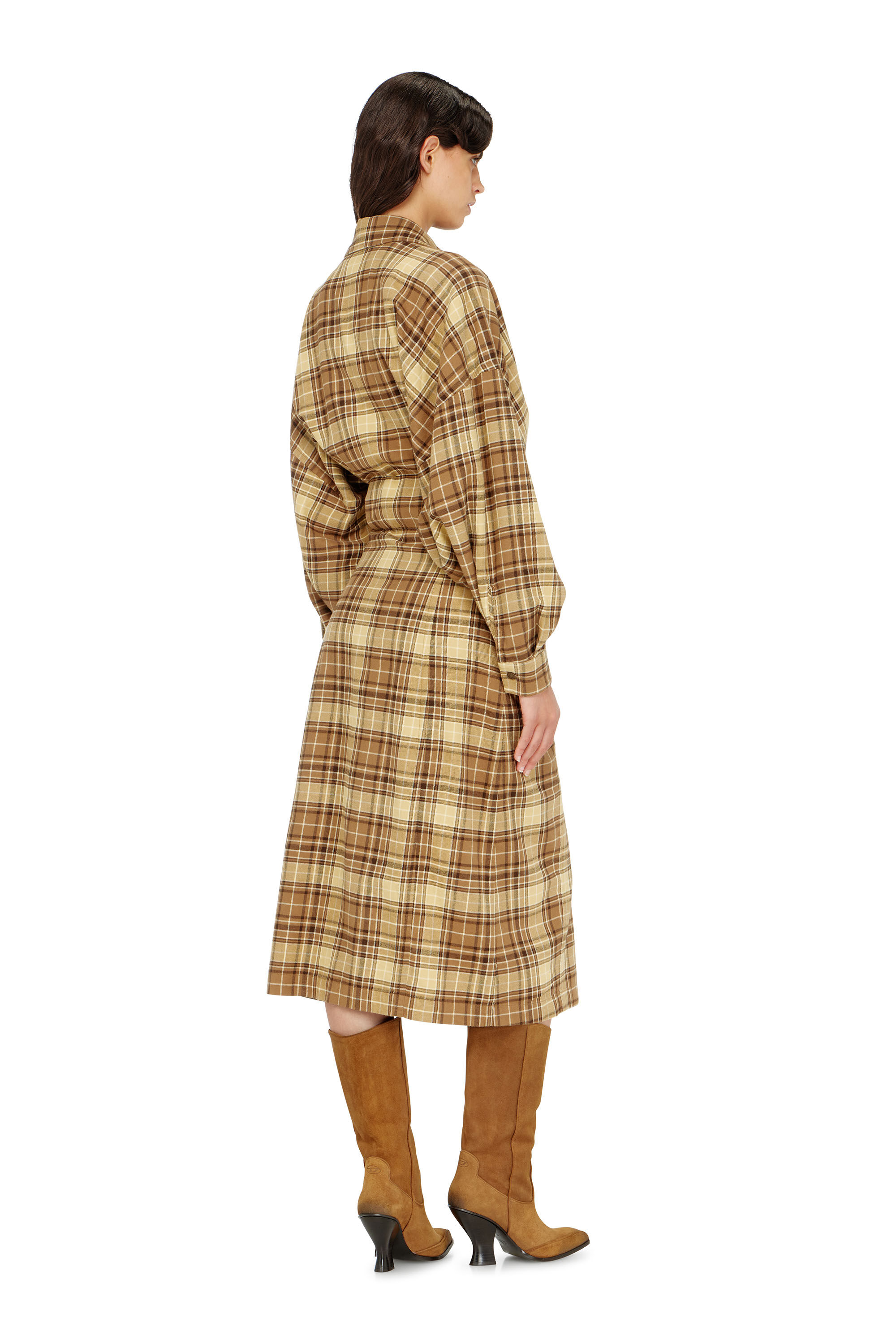 Diesel - D-EDALUS, Woman's Midi dress in check flannel with wide belt in Brown/Yellow - 4