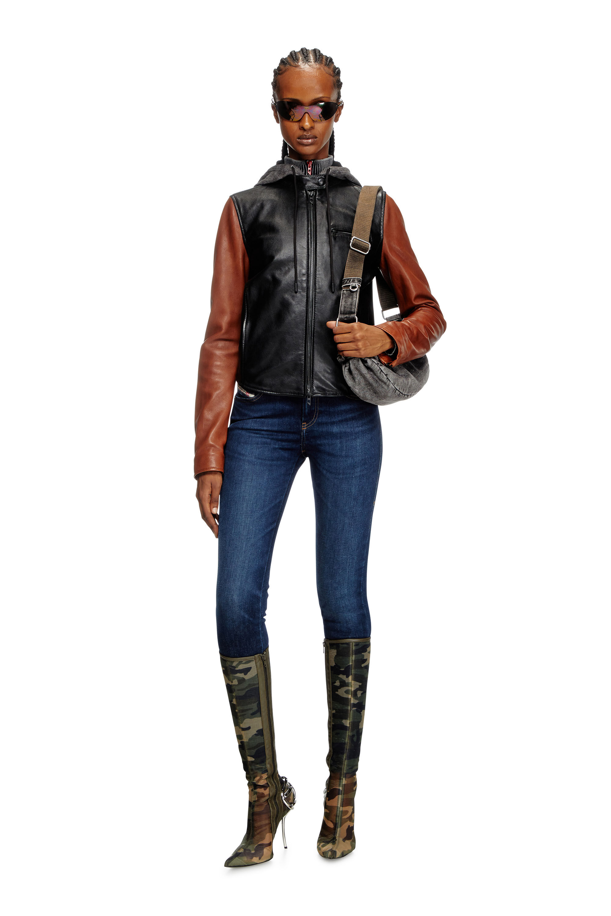 Diesel - L-OUDER, Woman's Colour-block leather jacket in Black/Brown - 1