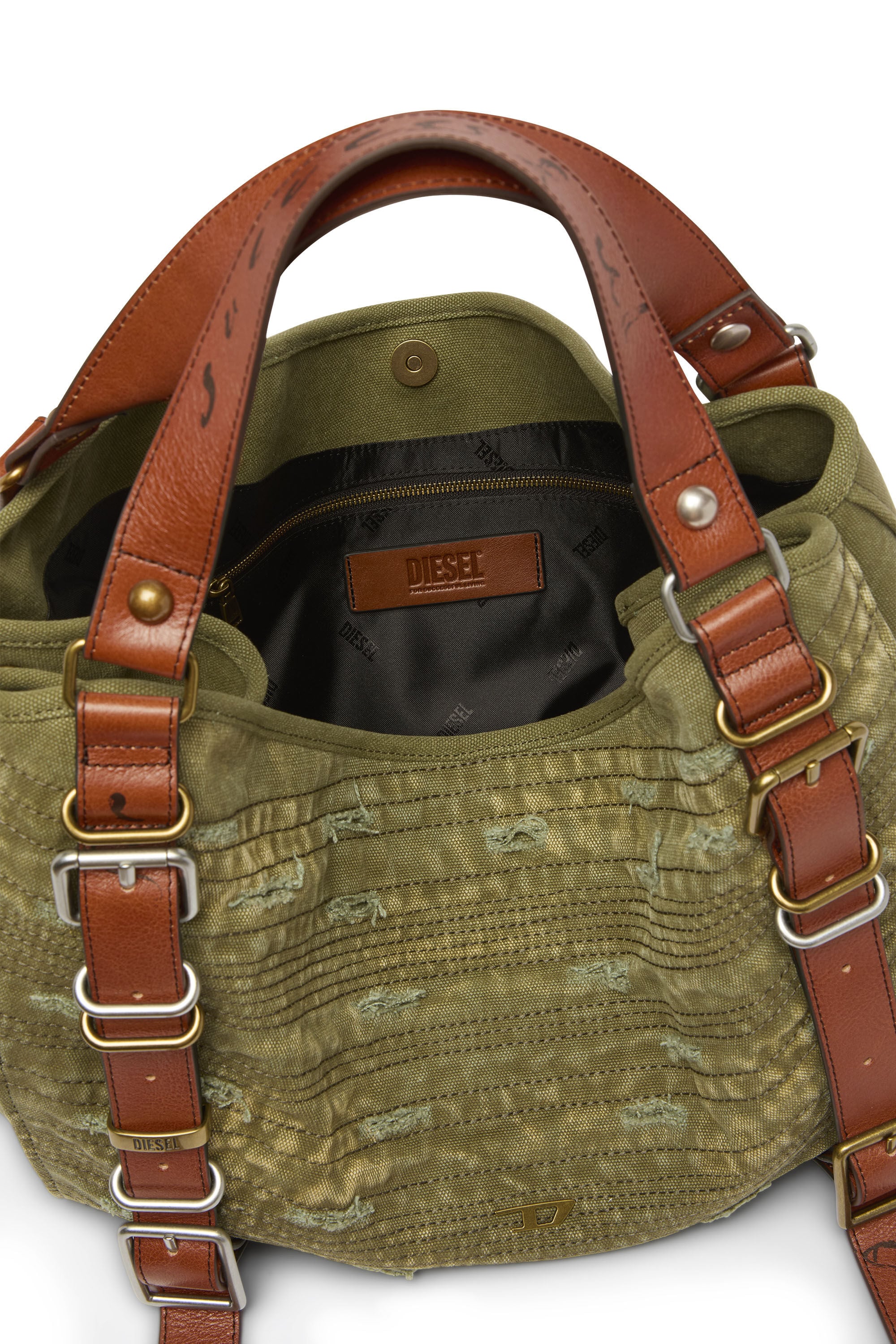 Diesel - D-ONE TOPHANDLE M, Unisex's D-One-Medium top-handle bag in distressed canvas in Military Green - 4