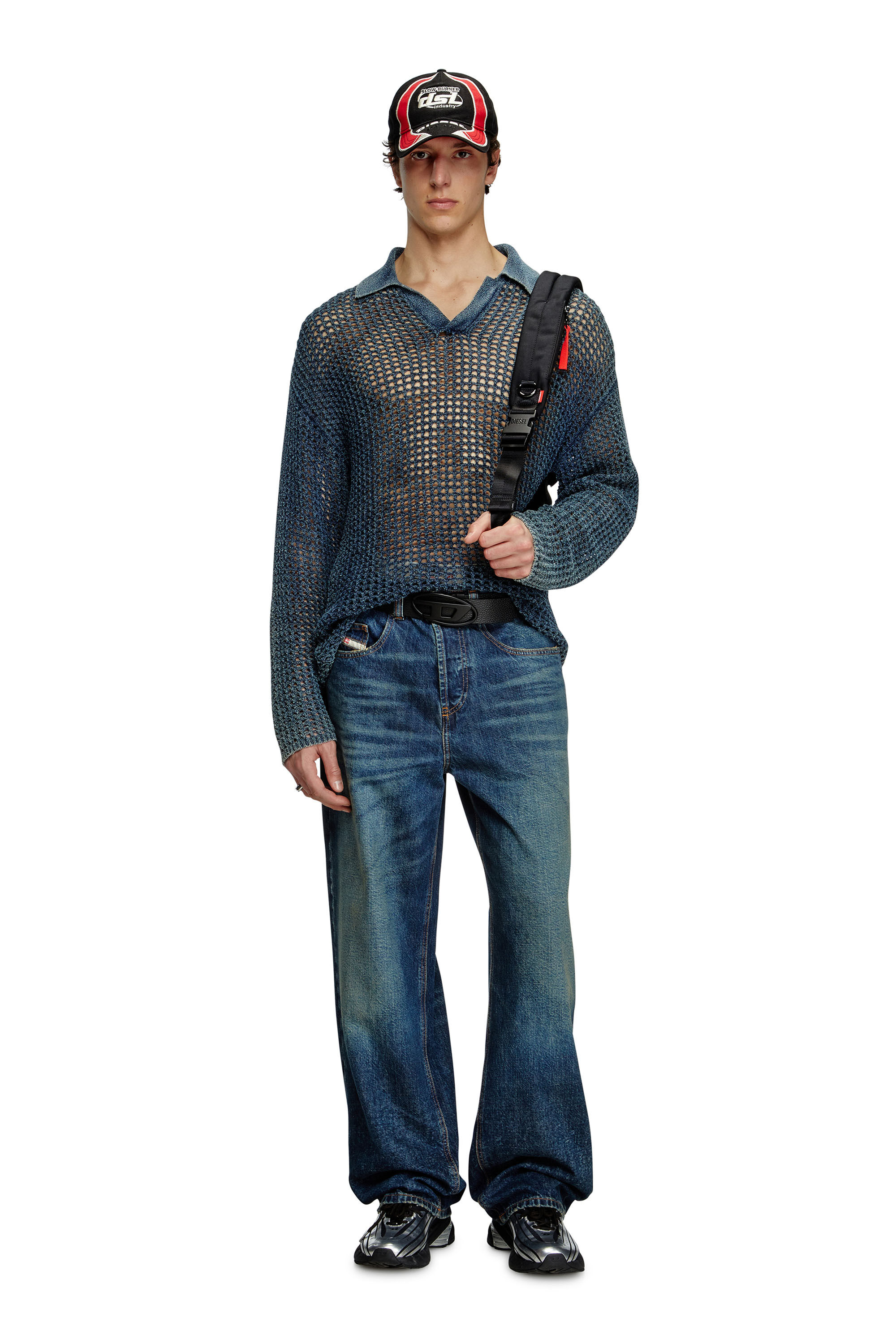 Diesel - K-SQUARED, Man's Open-knit polo jumper in denim yarn in Blue - 1