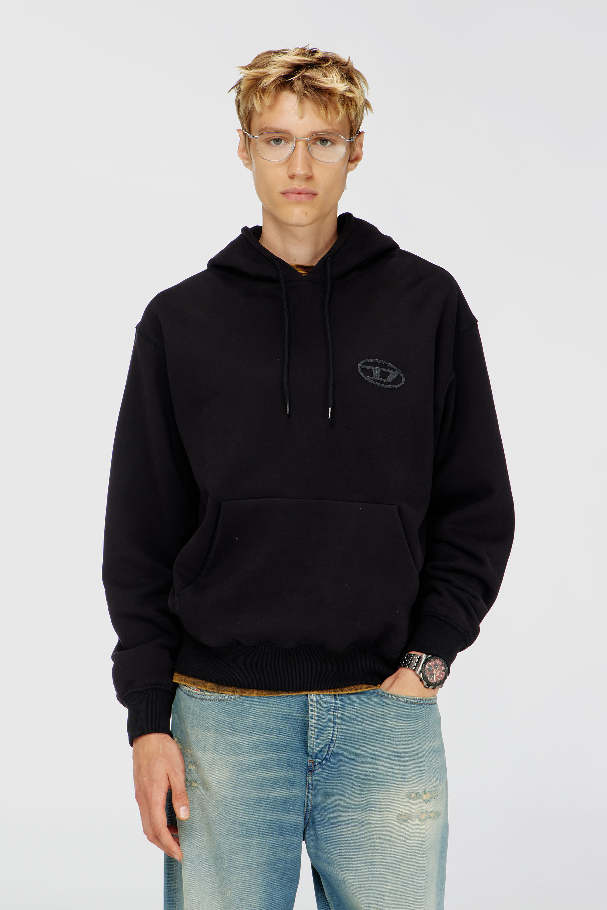 Diesel - S-LUK-H-T92, Man's Cotton hoodie with tonal Oval D logo embroidery in Black - 3