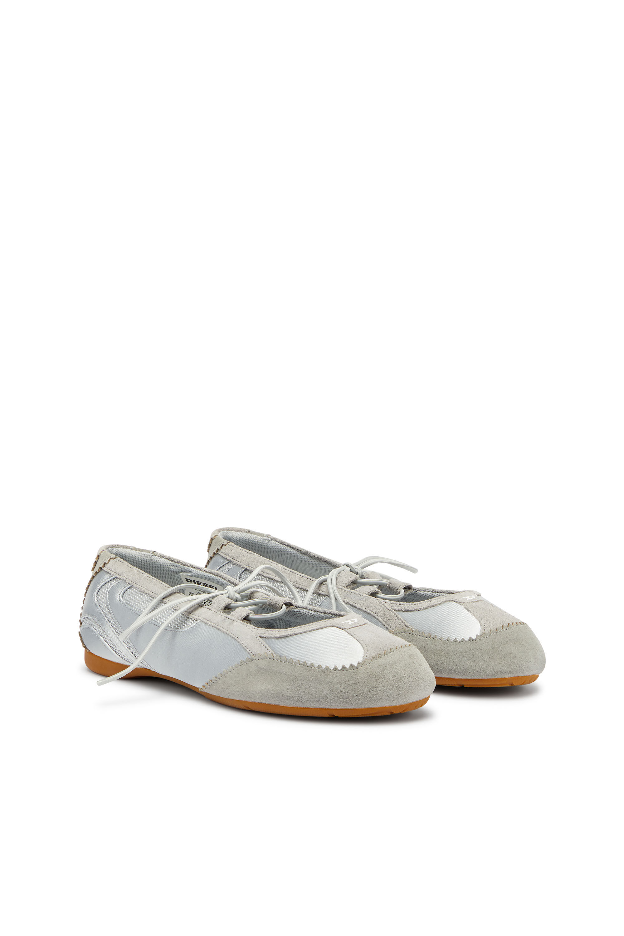 Diesel - D-MILE BALLERINA LACE UP II W, Woman's D-Mile - Lace-up ballerina flats in leather and mesh in Light Grey - 2