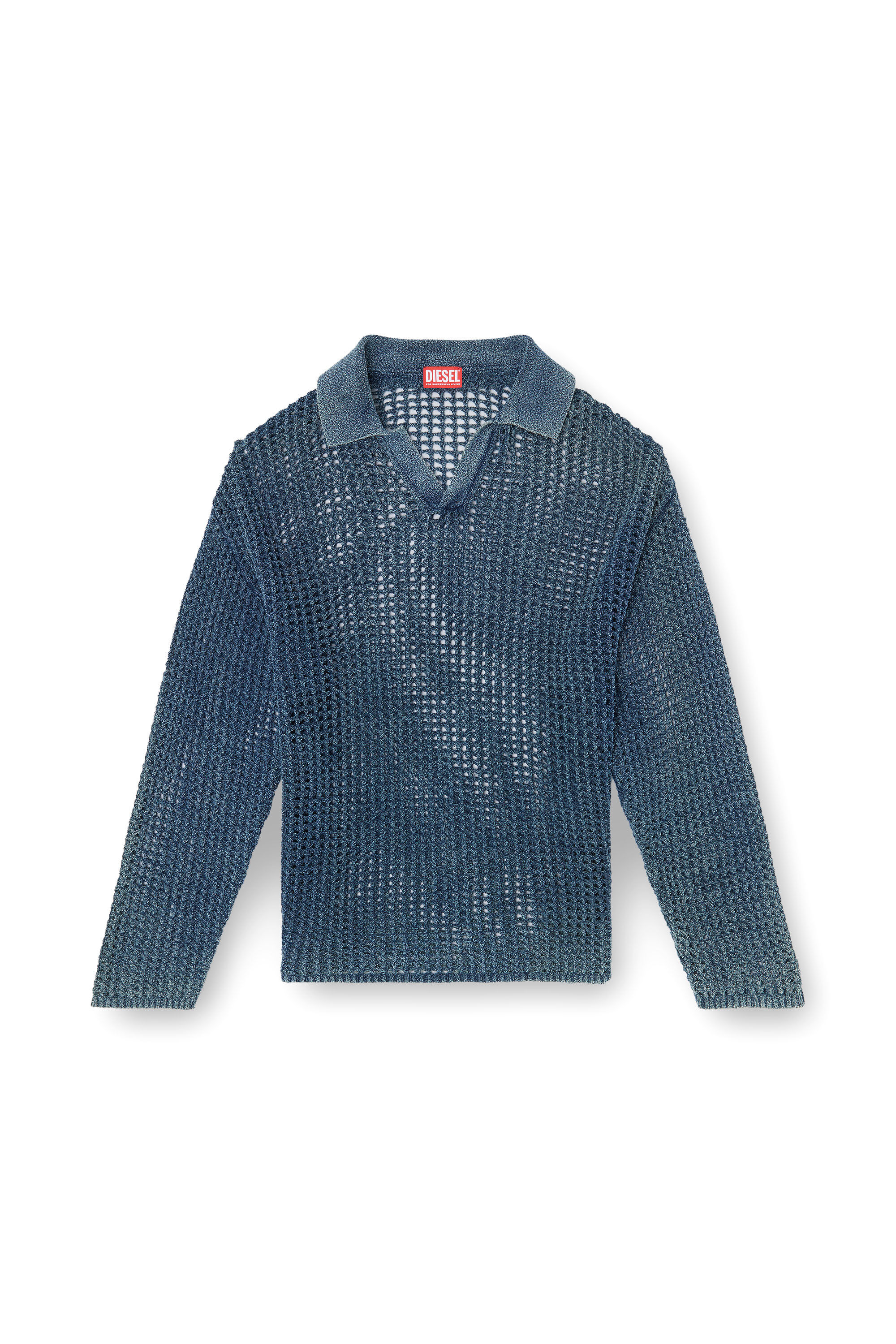 Diesel - K-SQUARED, Man's Open-knit polo jumper in denim yarn in Blue - 2