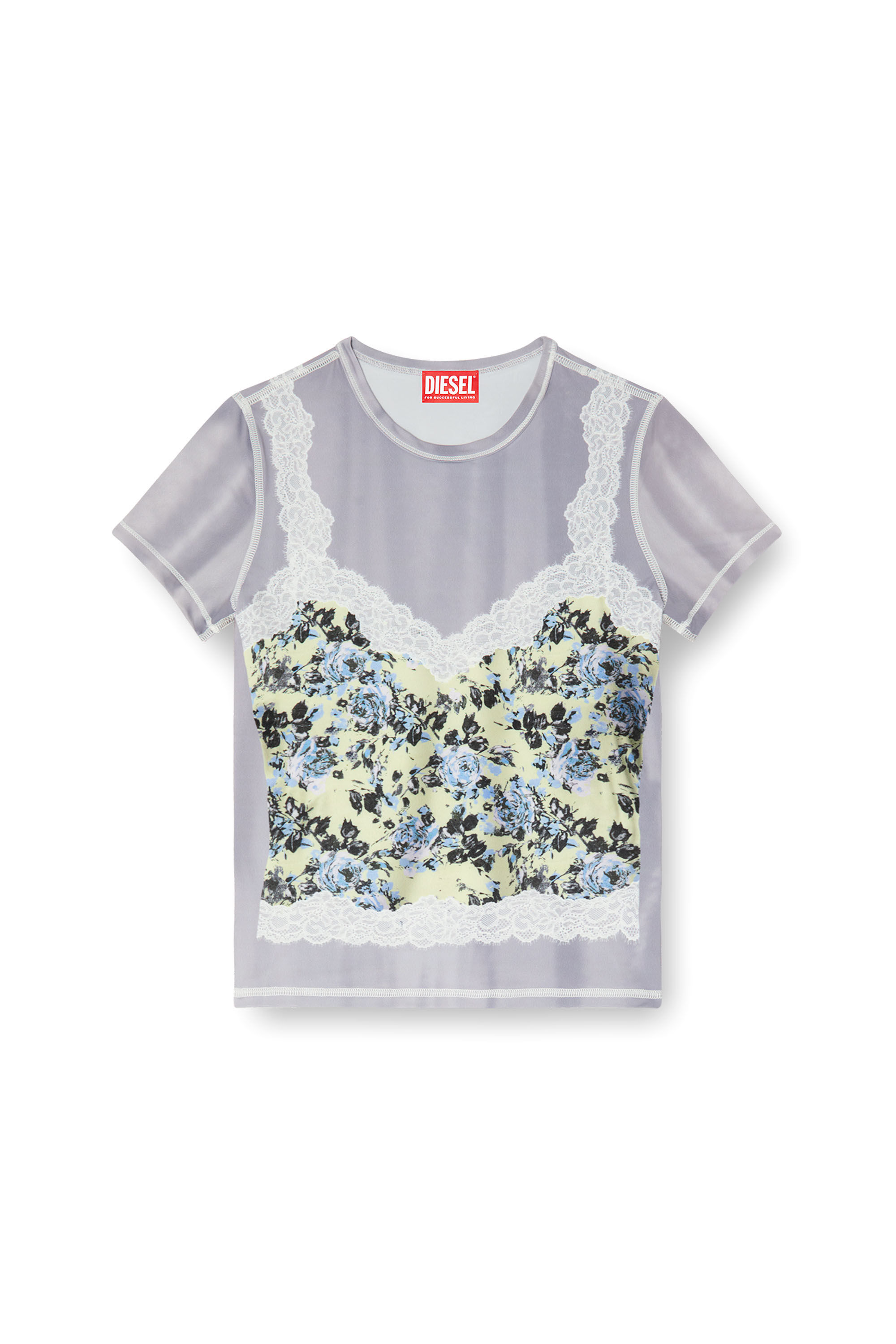 Diesel - T-ILENI, Woman's Stretch T-shirt with trompe l'oeil cami in Light Grey - 2