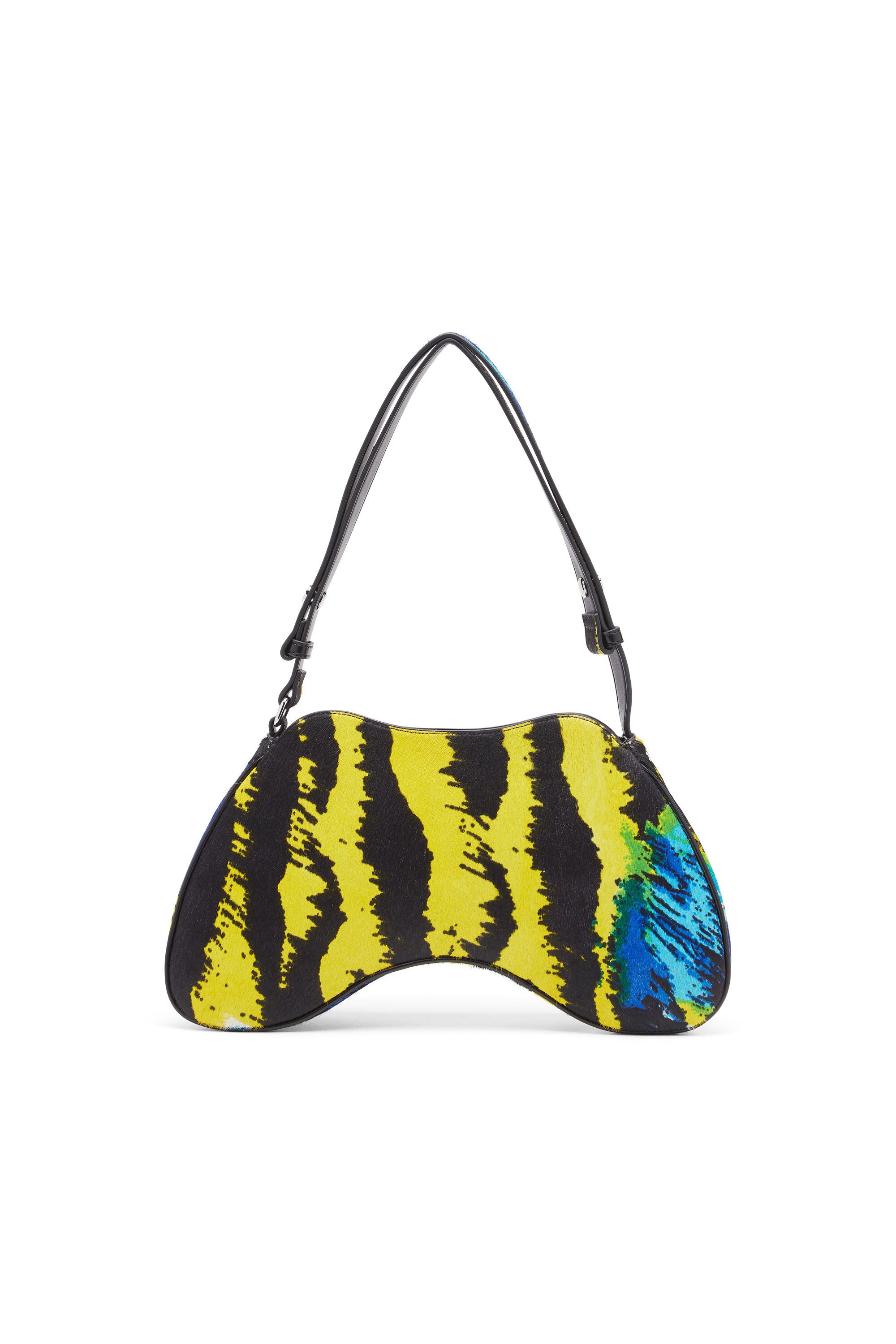 Diesel - PLAY SHOULDER, Woman's Play-Shoulder bag in tiger-print calf hair in Yellow/Blue - 3