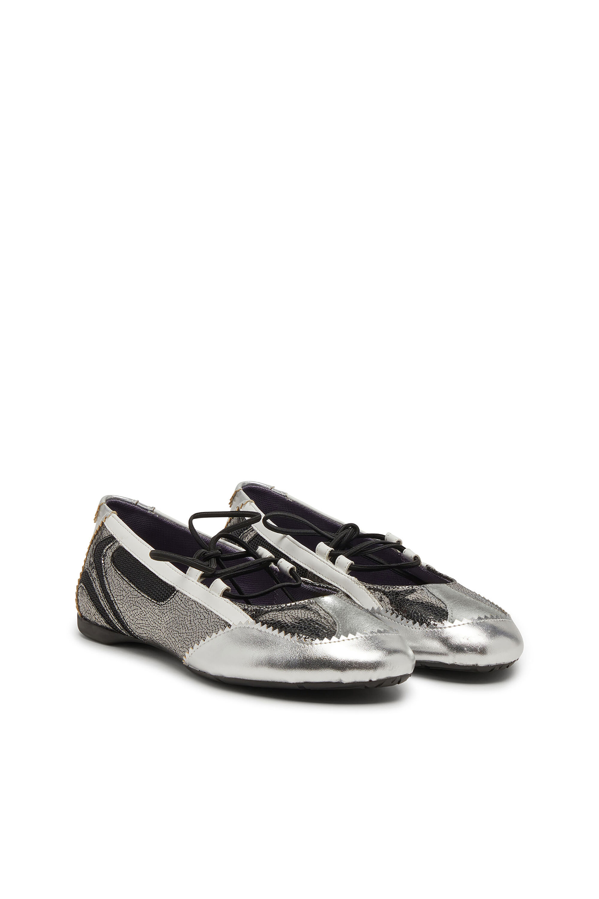 Diesel - D-MILE BALLERINA LACE UP W, Woman's D-Mile-Metallic lace-up ballet flats in Silver/Black - 2