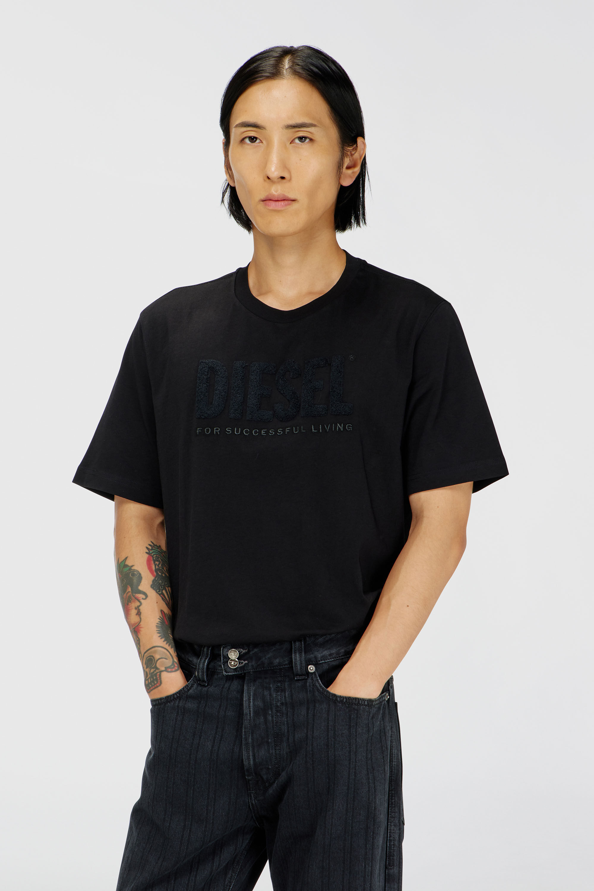 Diesel - T-JUST-OVA-T92, Man's Cotton T-shirt with tonal Diesel logo print in Black - 3