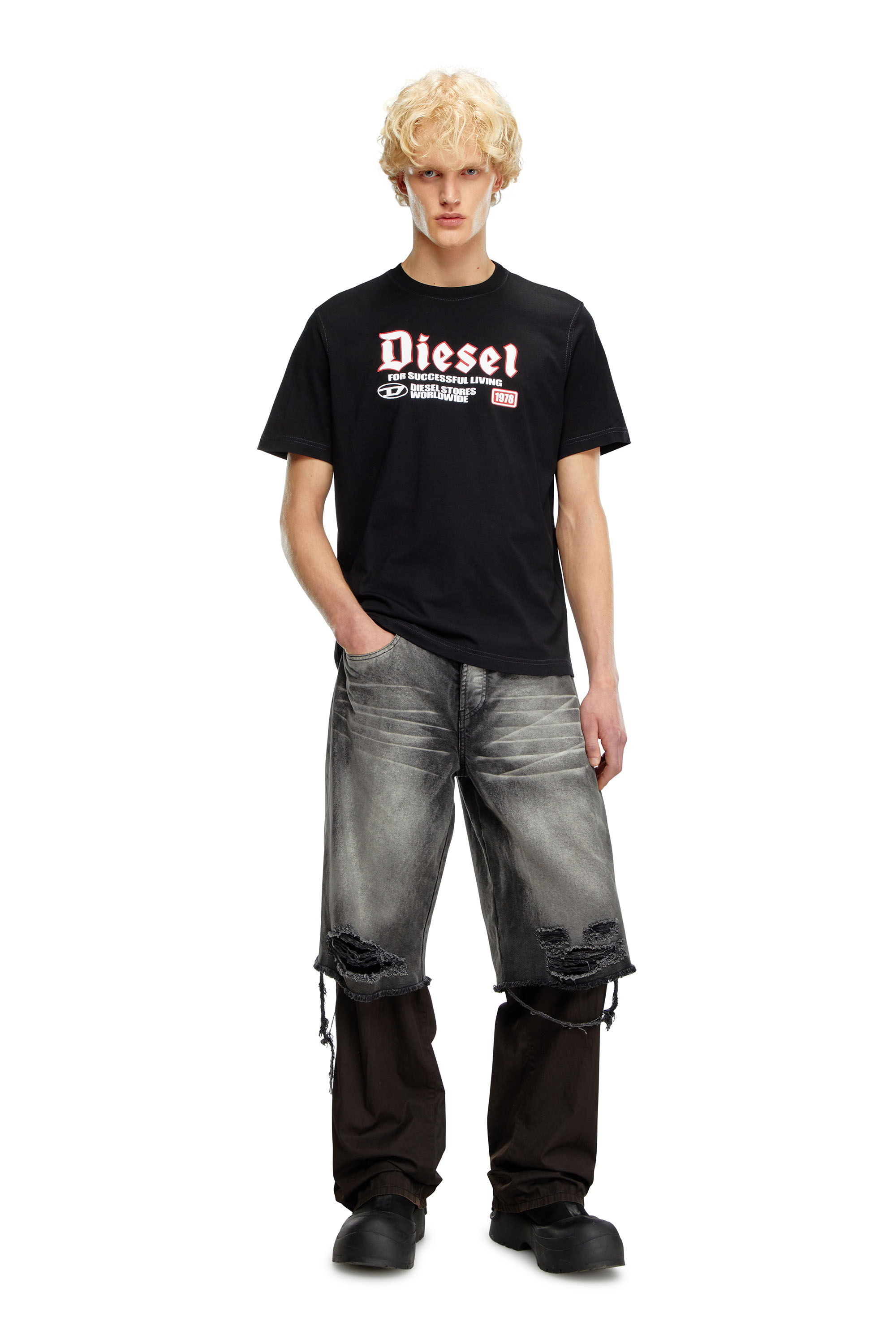 Diesel - T-ADJUST-K1, Man T-shirt with flocked Diesel print in Black - Image 1