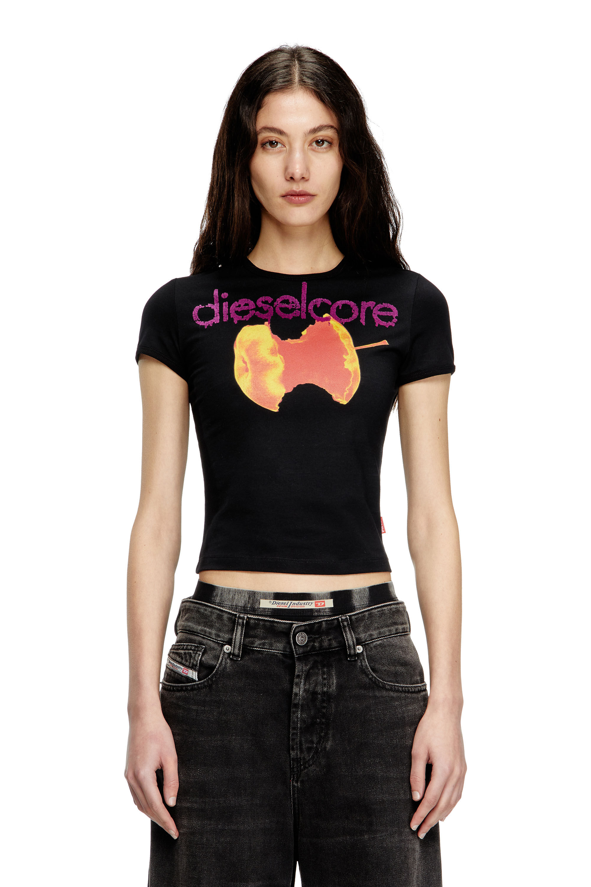 Diesel - T-UNCUTIES-SHORT-Q2, Woman's T-shirt with Diesel Core logo in Black - 3