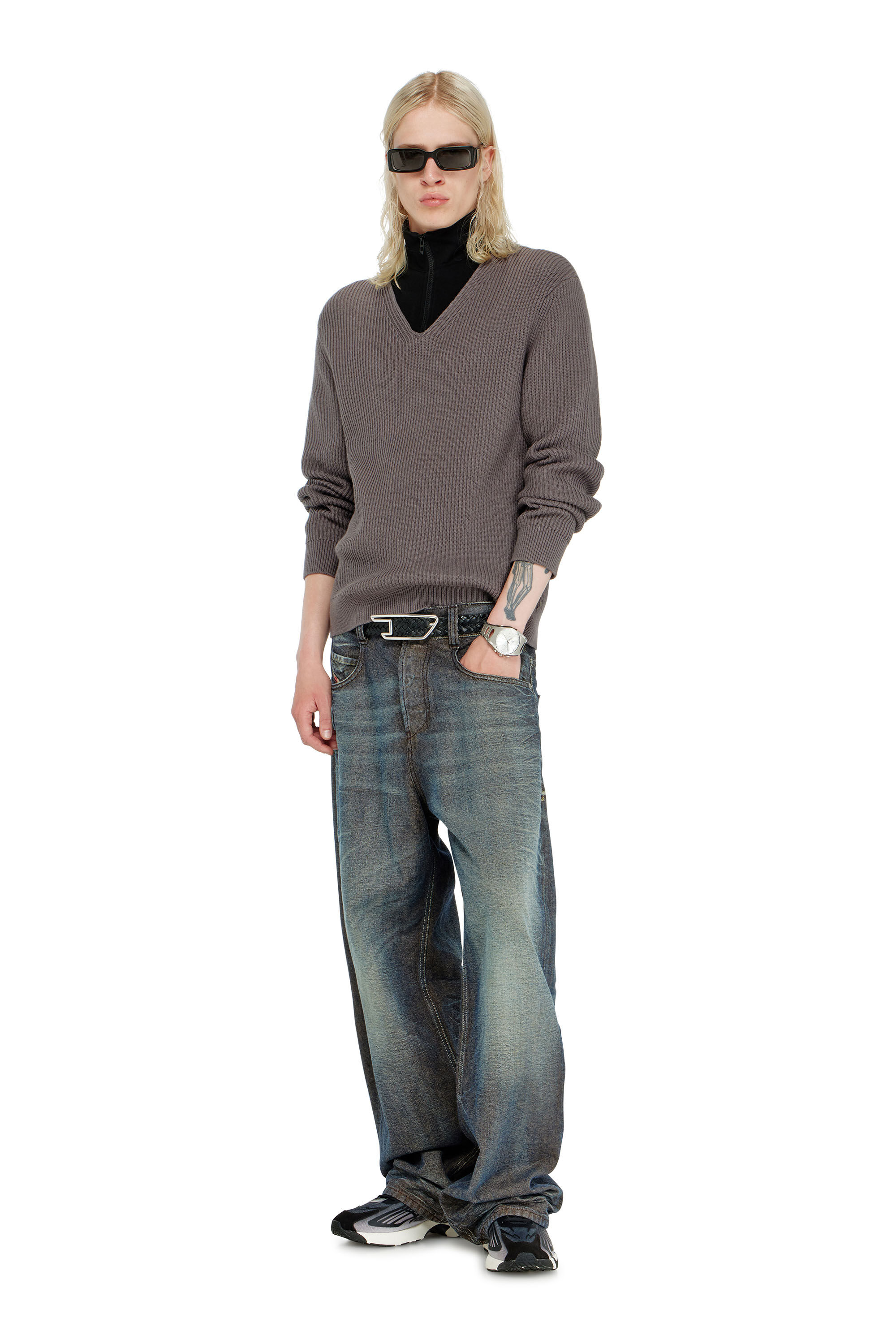 Diesel - K-MAMU, Man's Half-zip sweater with layered neckline in Black/Grey - 1