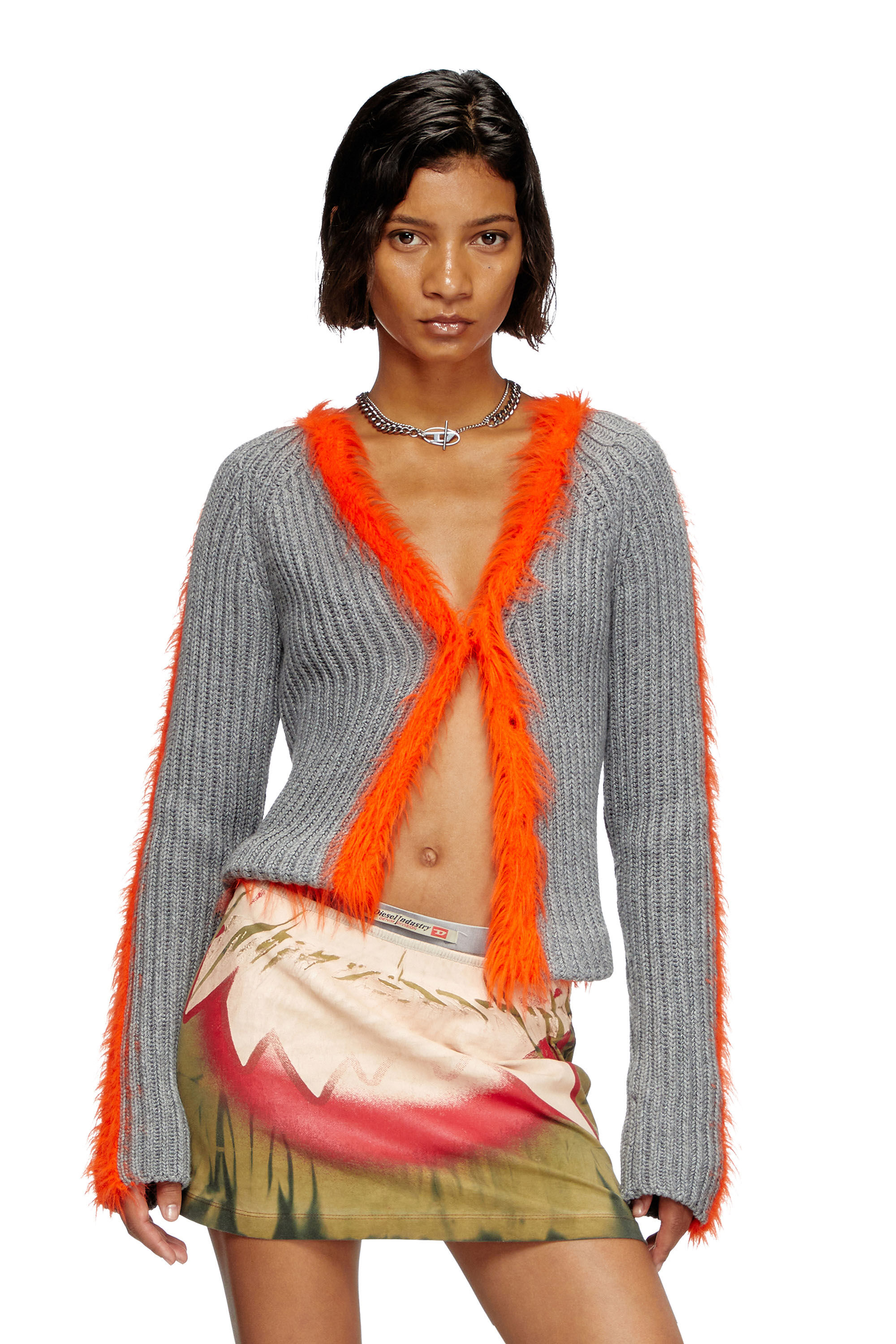 Diesel - M-TANITA, Woman's Ribbed cardigan with fuzzy trims in Grey/Orange - 3