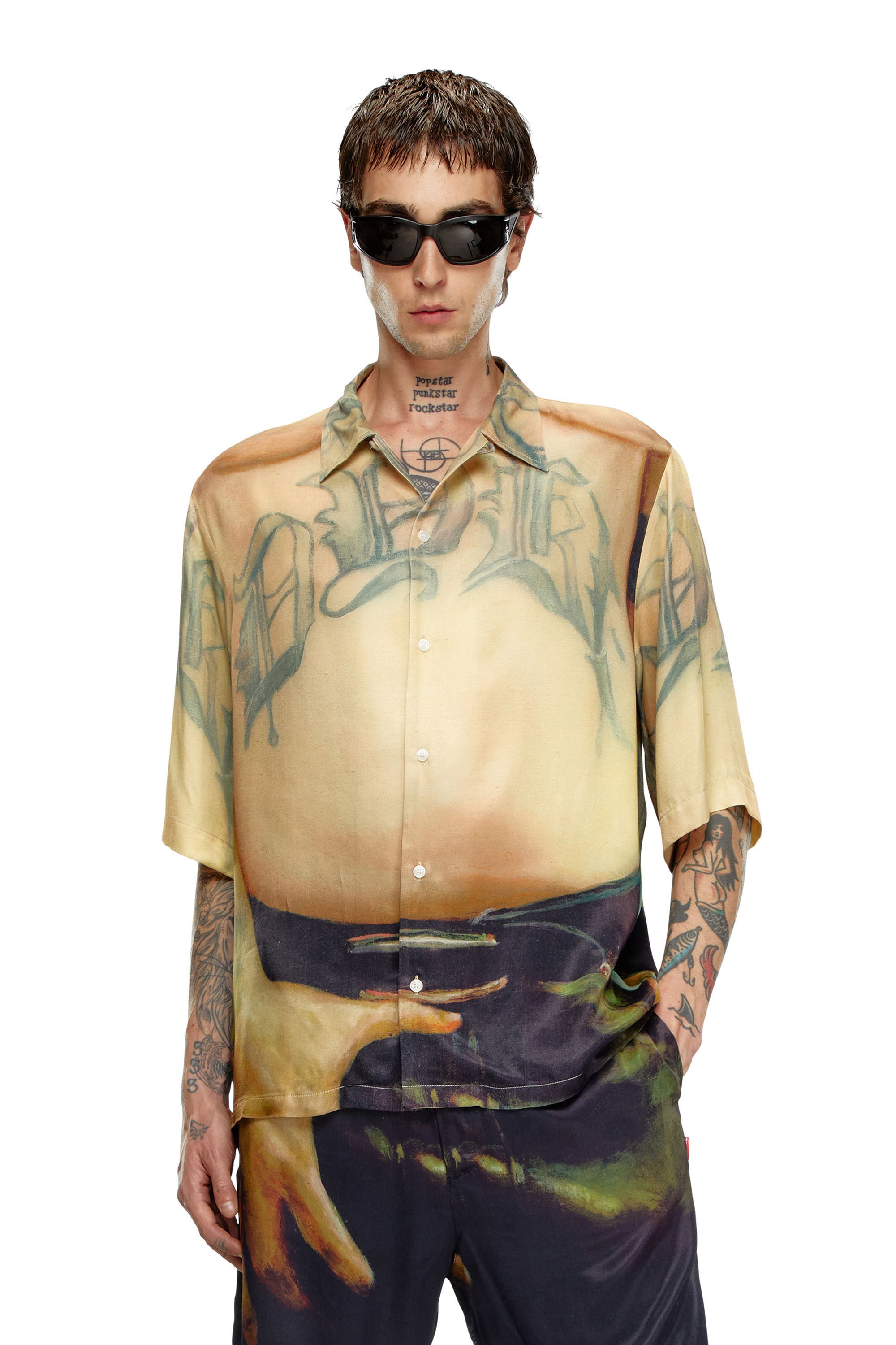Diesel - PR-S-MEC-SS, Unisex Viscose shirt with all-over print in Beige - Image 3