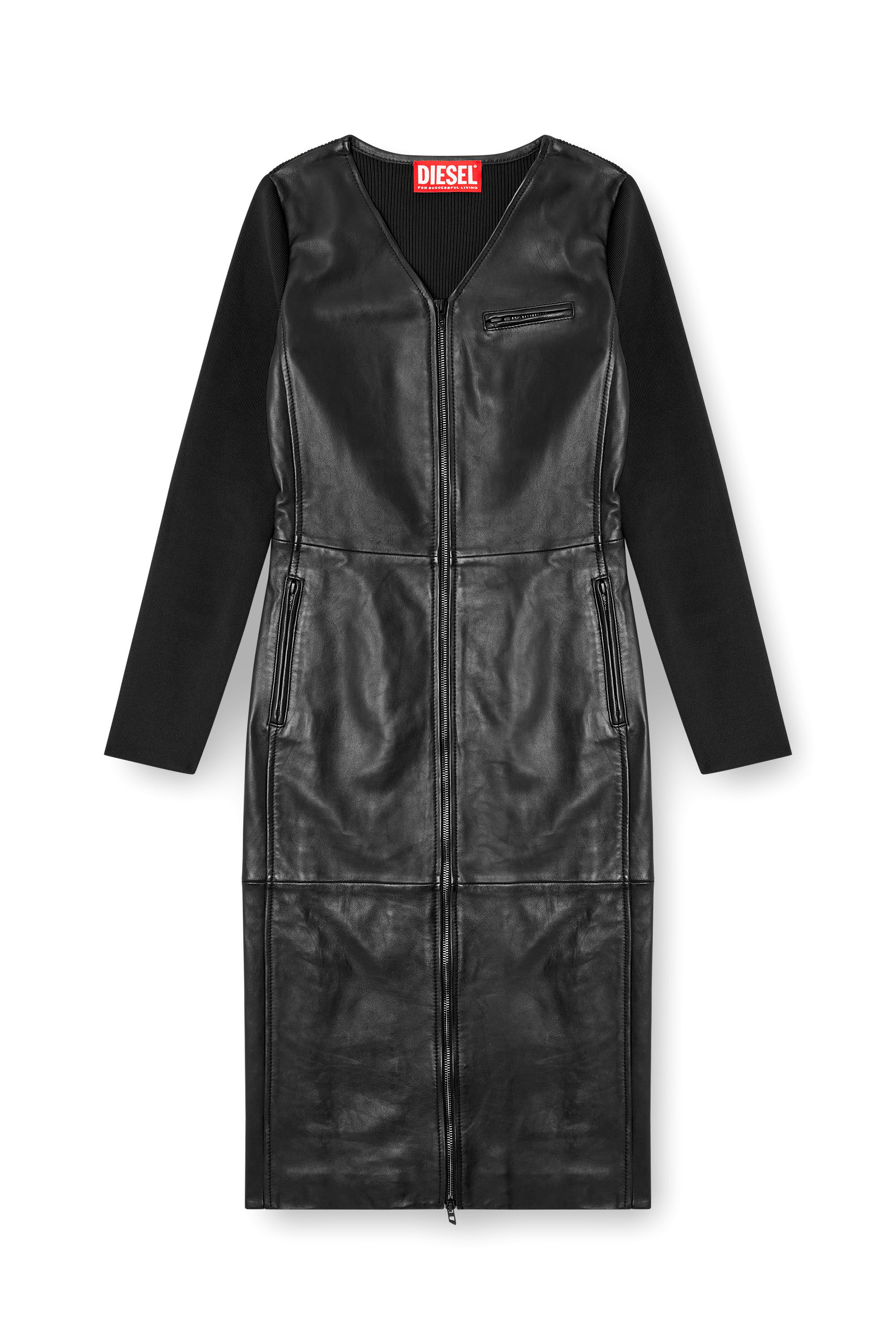 Diesel - L-OLA, Woman's Dress in leather and stretch knit in Black - 2