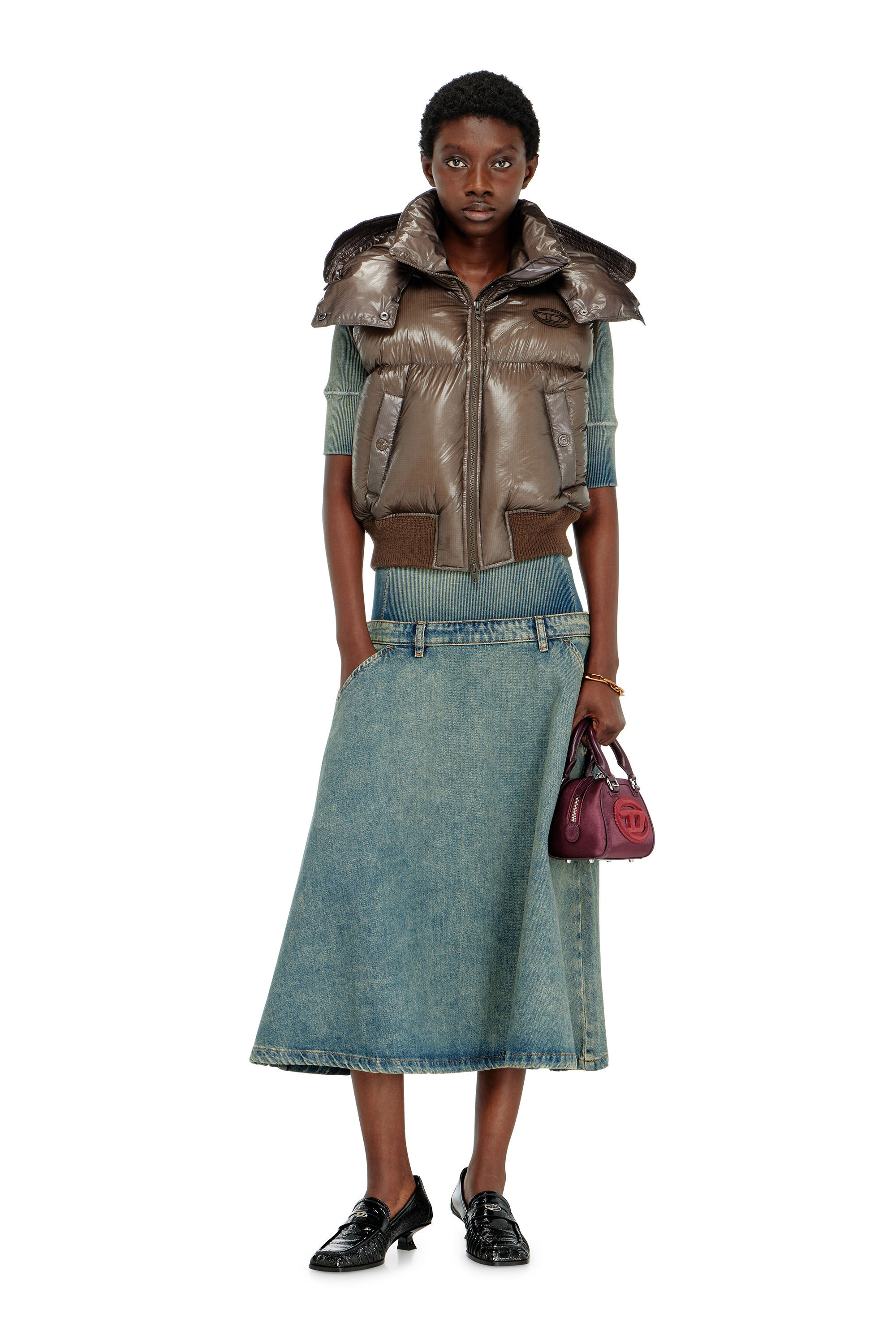 Diesel - W-PEYT-SSL-NEW-T1, Woman's Down vest in ripstop with detachable hood in Brown - 1