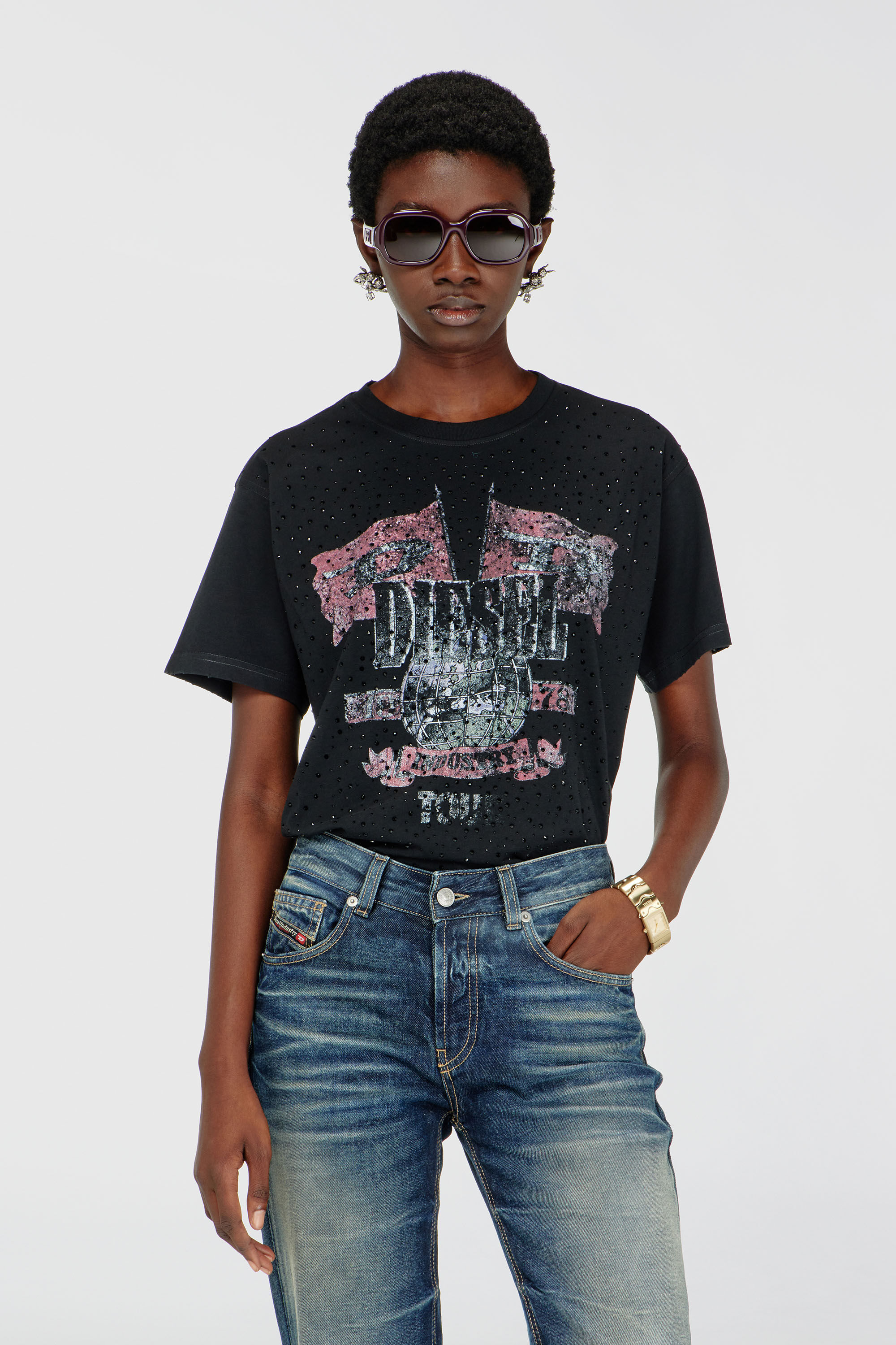 Diesel - T-MARLY, Woman's T-shirt with concert graphics and crystals in null - 3