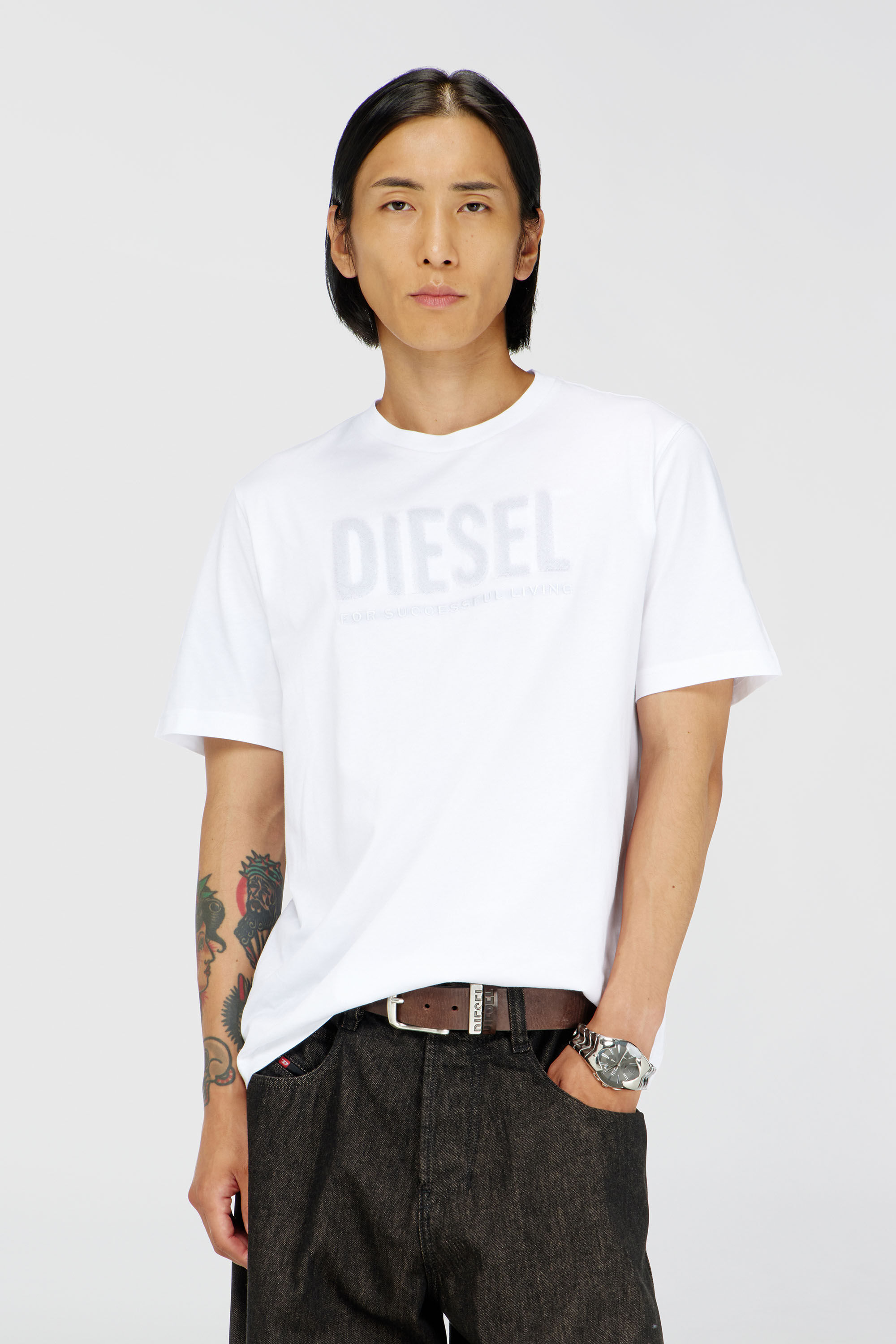 Diesel - T-JUST-OVA-T92, Man's Cotton T-shirt with tonal Diesel logo print in White - 3