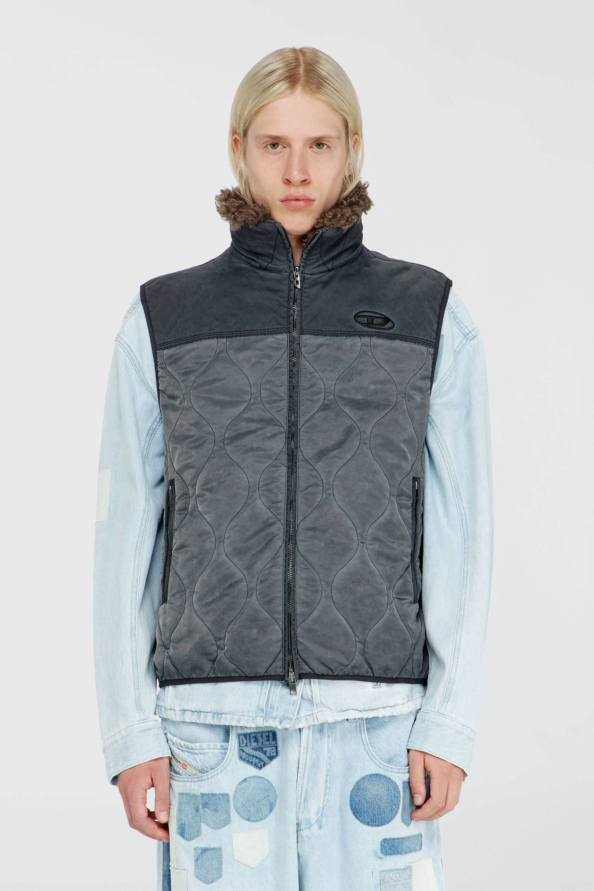 Diesel - J-ALVAR, Man's Quilted vest with fluffy neck lining in Dark grey - 5