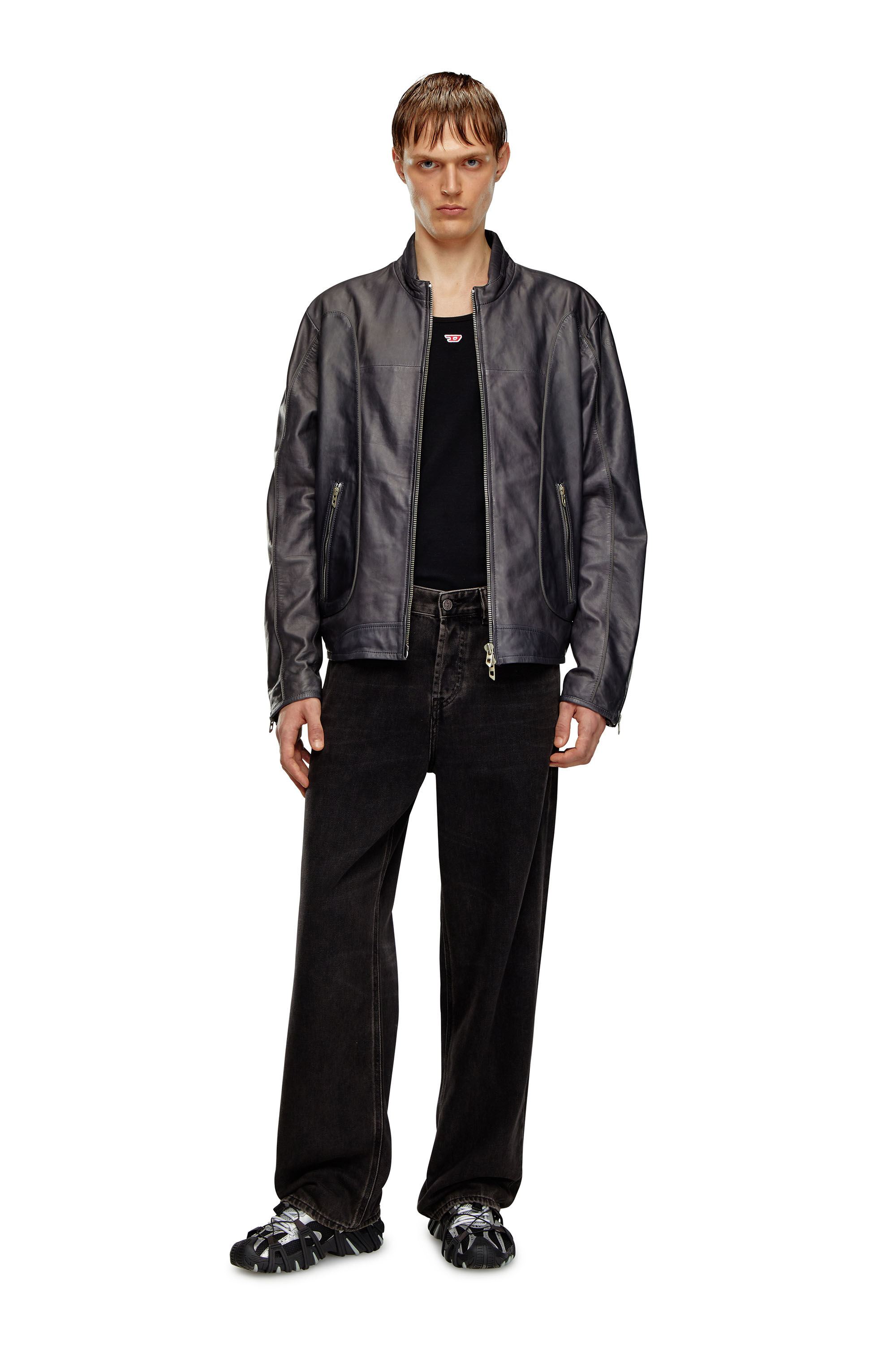 Diesel - L-KRIX, Man's Leather biker jacket with piping in Black - 1