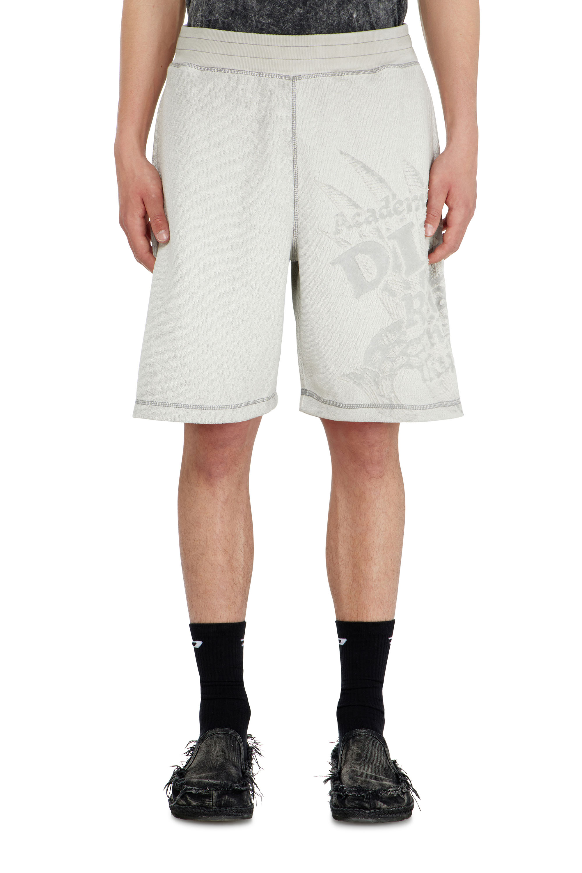 Diesel - P-RAWCROW, Man's Sweatshorts with d&eacute;vor&eacute; motifs in Light Grey - 3