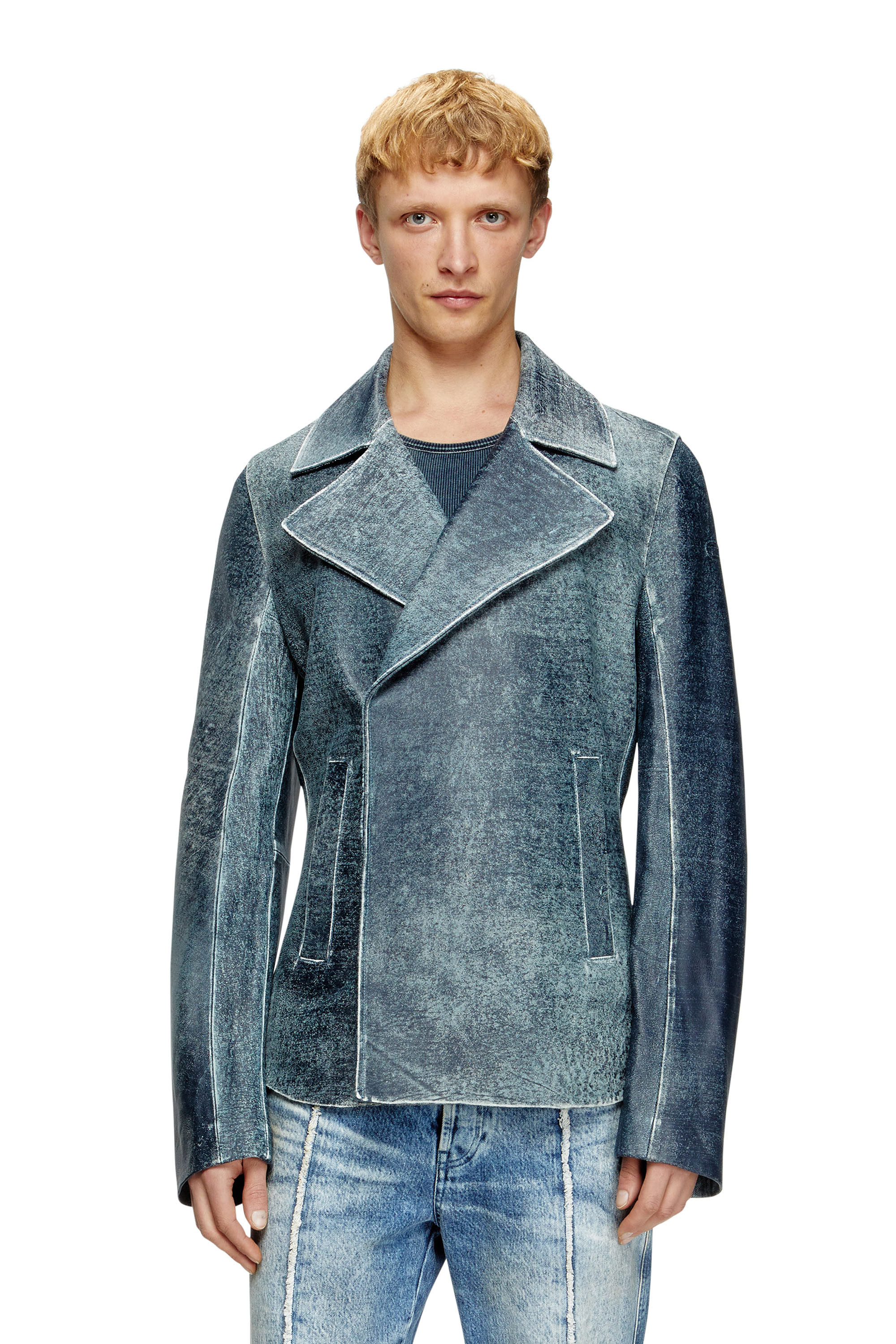 Diesel - L-WERNER, Man's Jacket in denim-treated leather in Dark Blue - 1