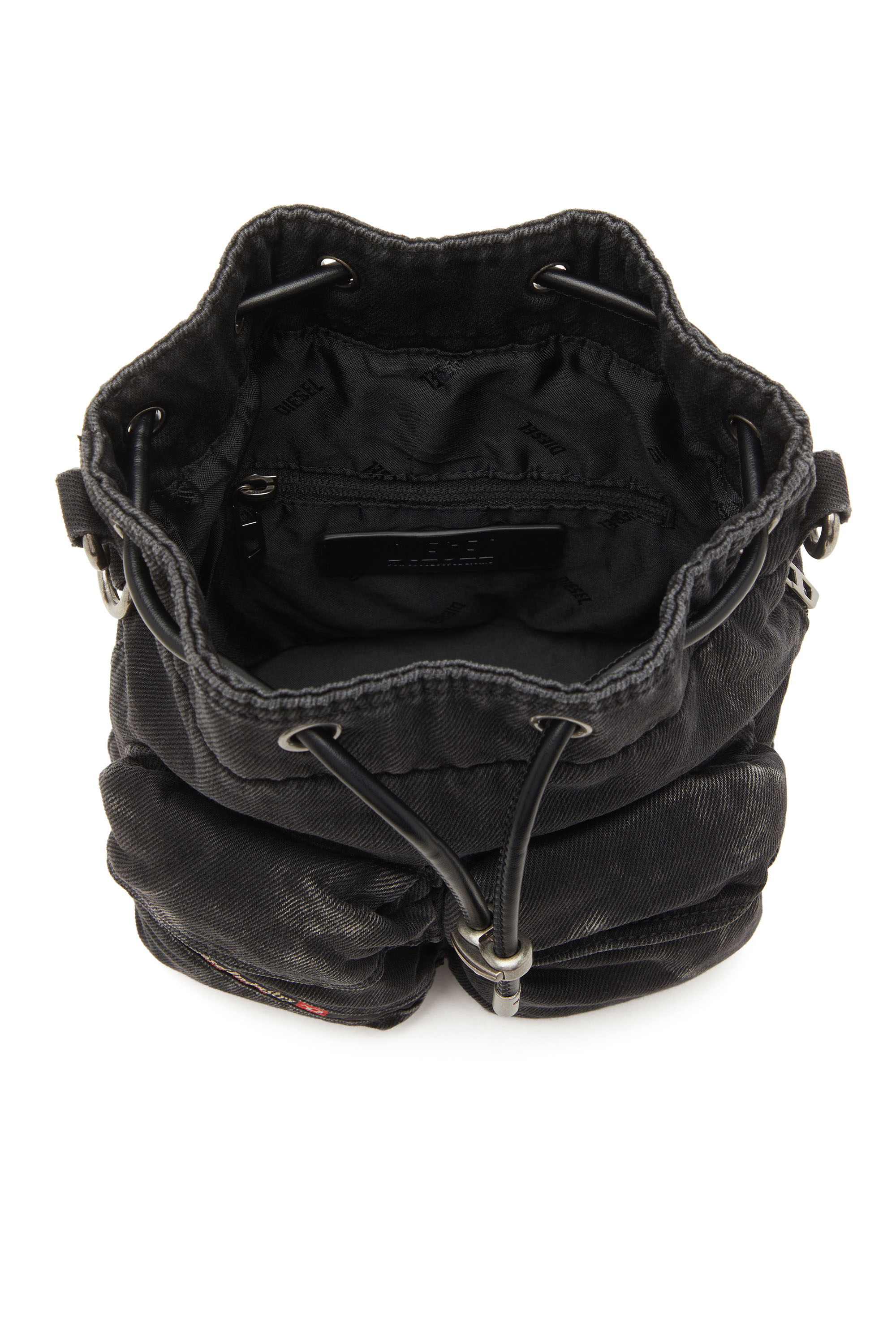 Diesel - MULTI-PKTS BUCKET X, Unisex's Multi-Pkts-Multipocket bucket bag in washed denim in Black - 4
