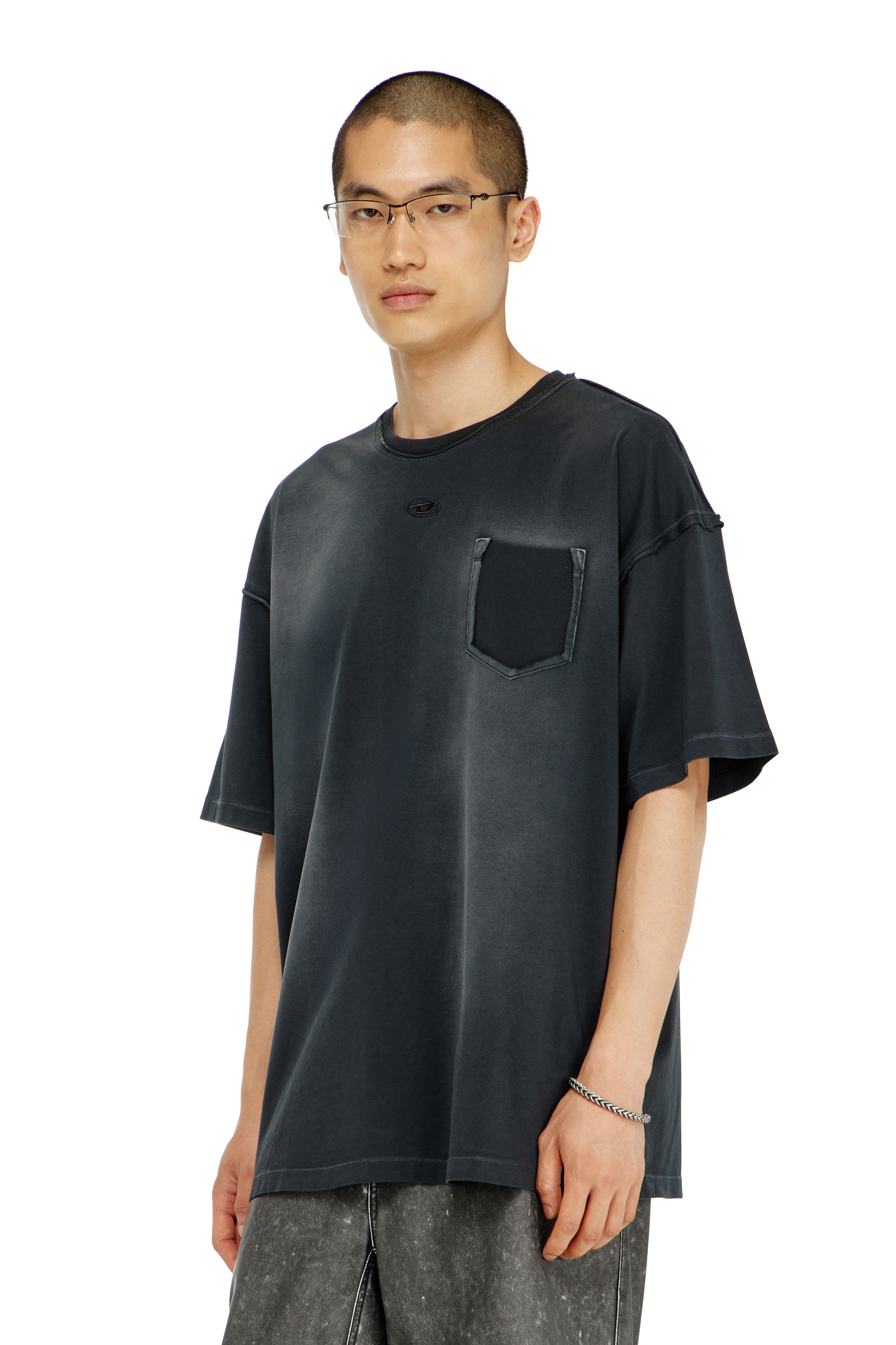 Diesel - T-POCK, Man's Faded T-shirt with ripped pocket detail in Black - 3