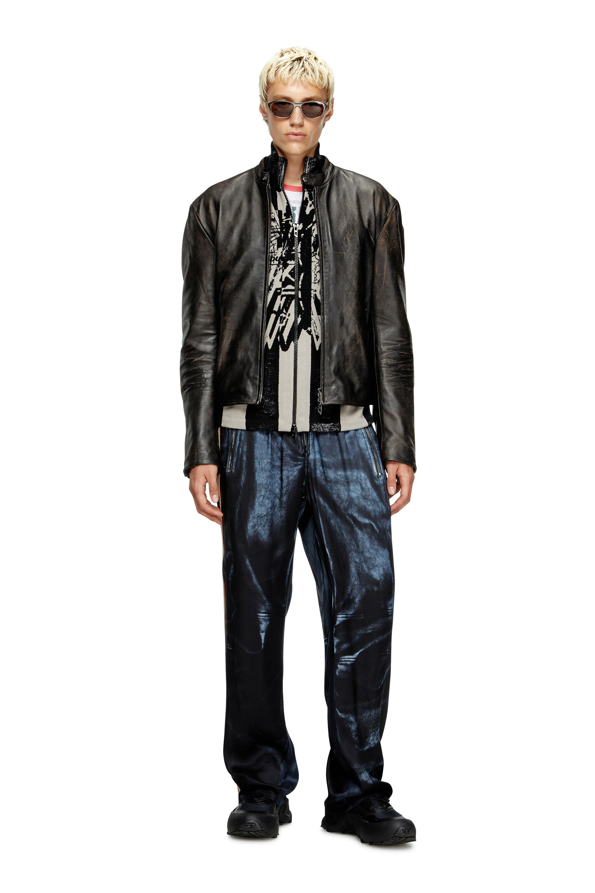 Diesel - L-AROSS, Man's Distressed leather biker jacket in Brown - 1