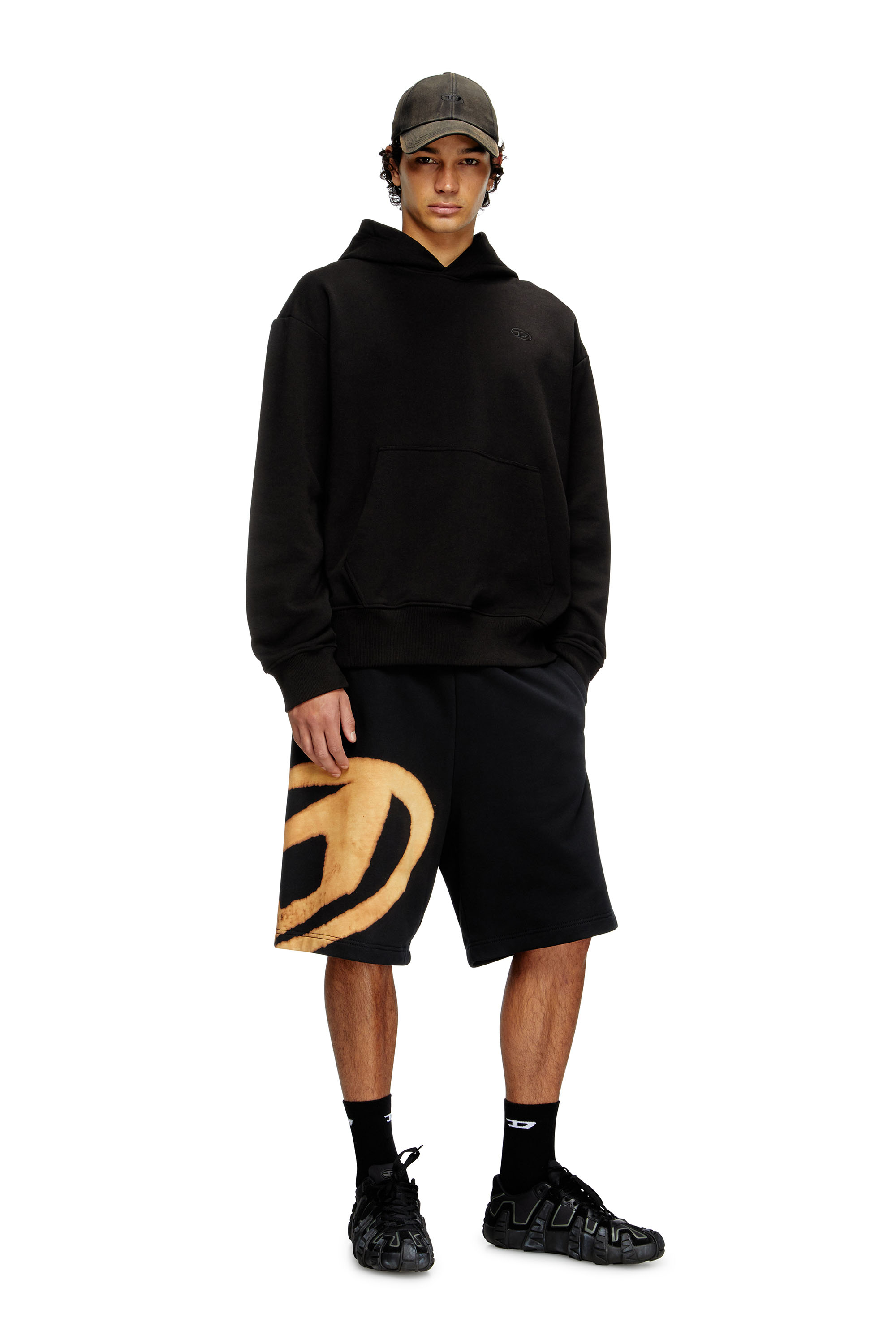 P-CROW-BLEACH, Black/Orange Diesel - P-CROW-BLEACH, Man's Sweat shorts with bleached logo in Black/Orange - 1