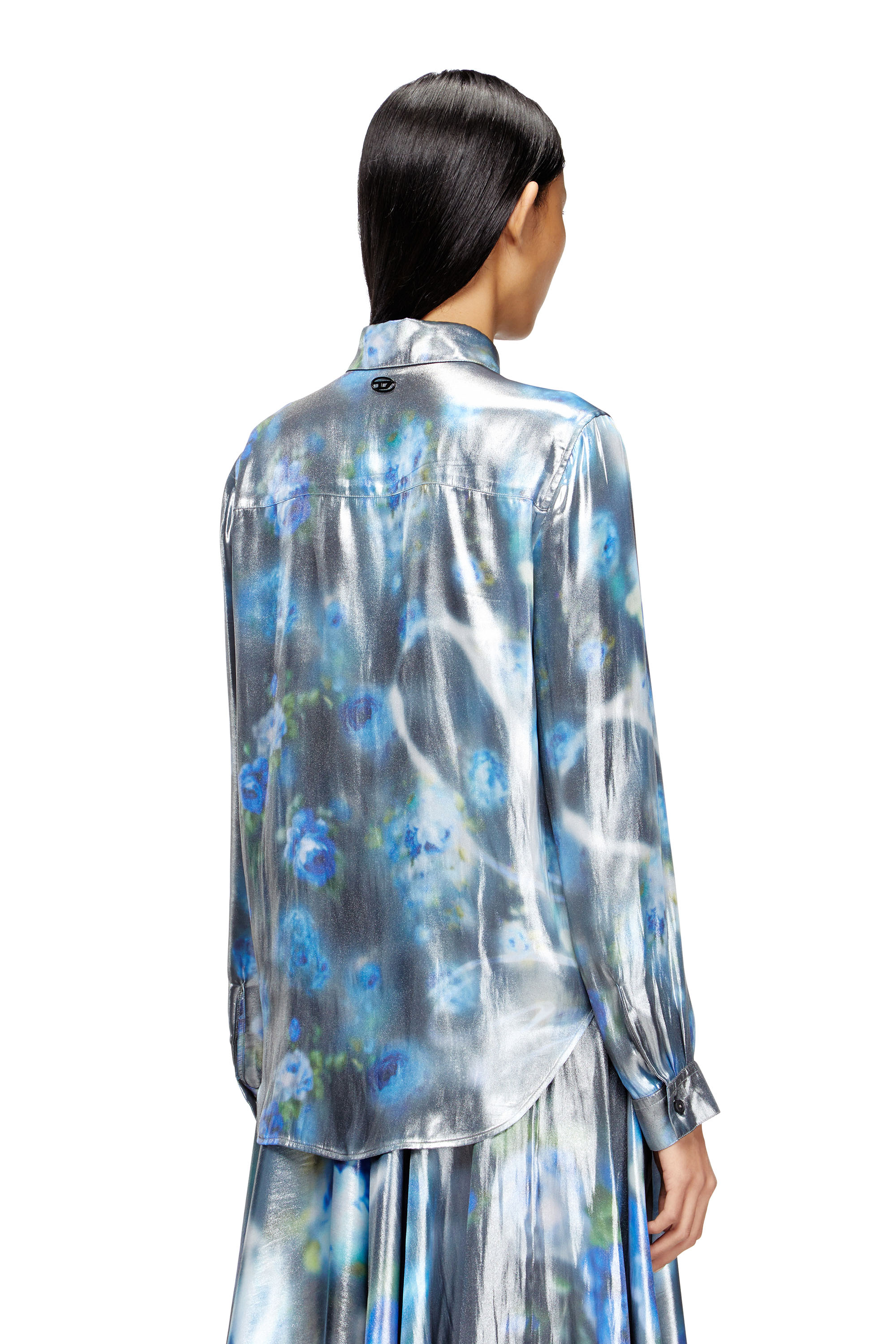 C-RONOR-S2, Blue Diesel - C-RONOR-S2, Woman's Metallic shirt with blurred roses print in Blue - 4