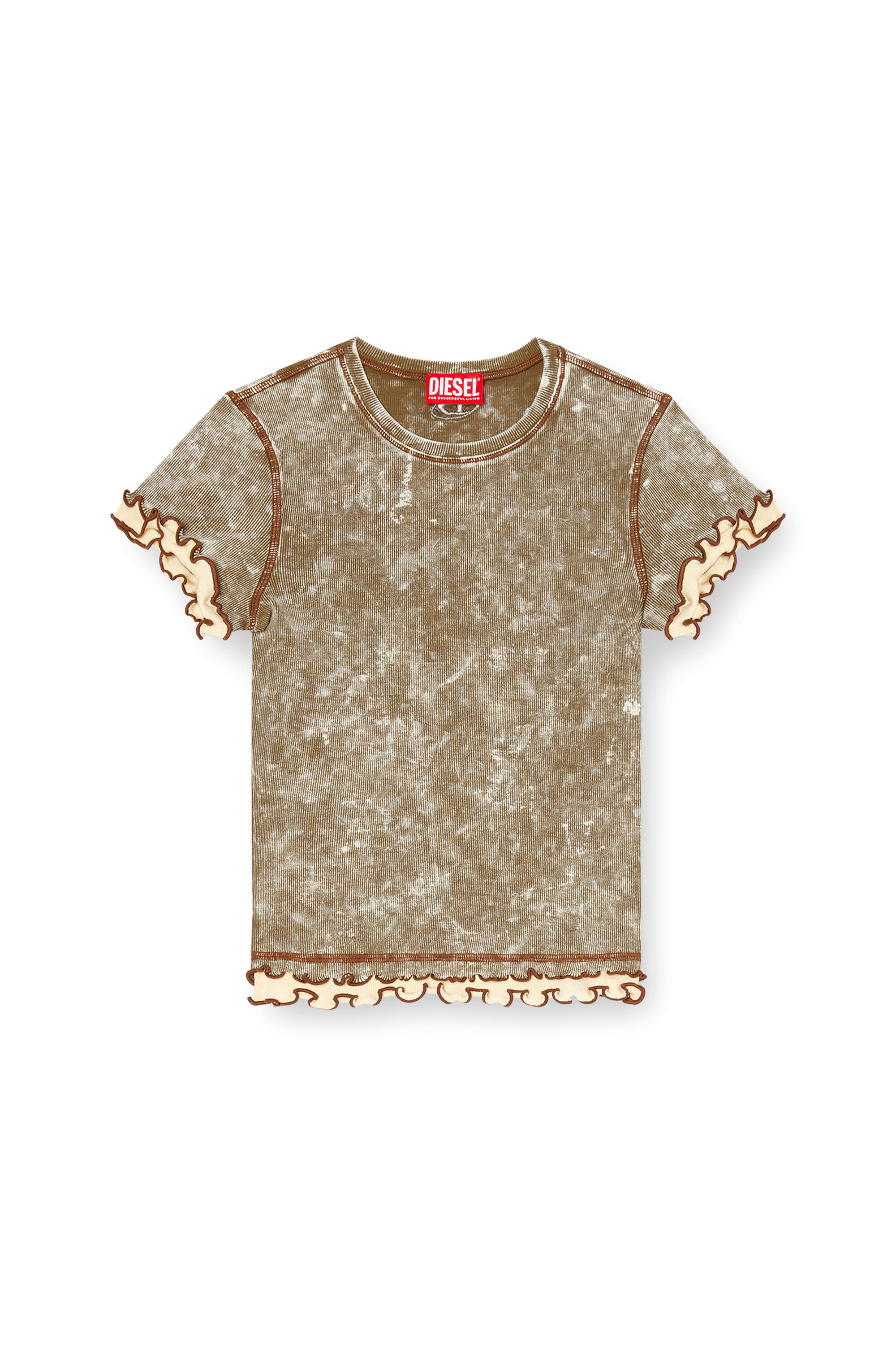 Diesel - T-FLU, Woman's Marbled T-shirt with ruffled trims in Military Green - 3