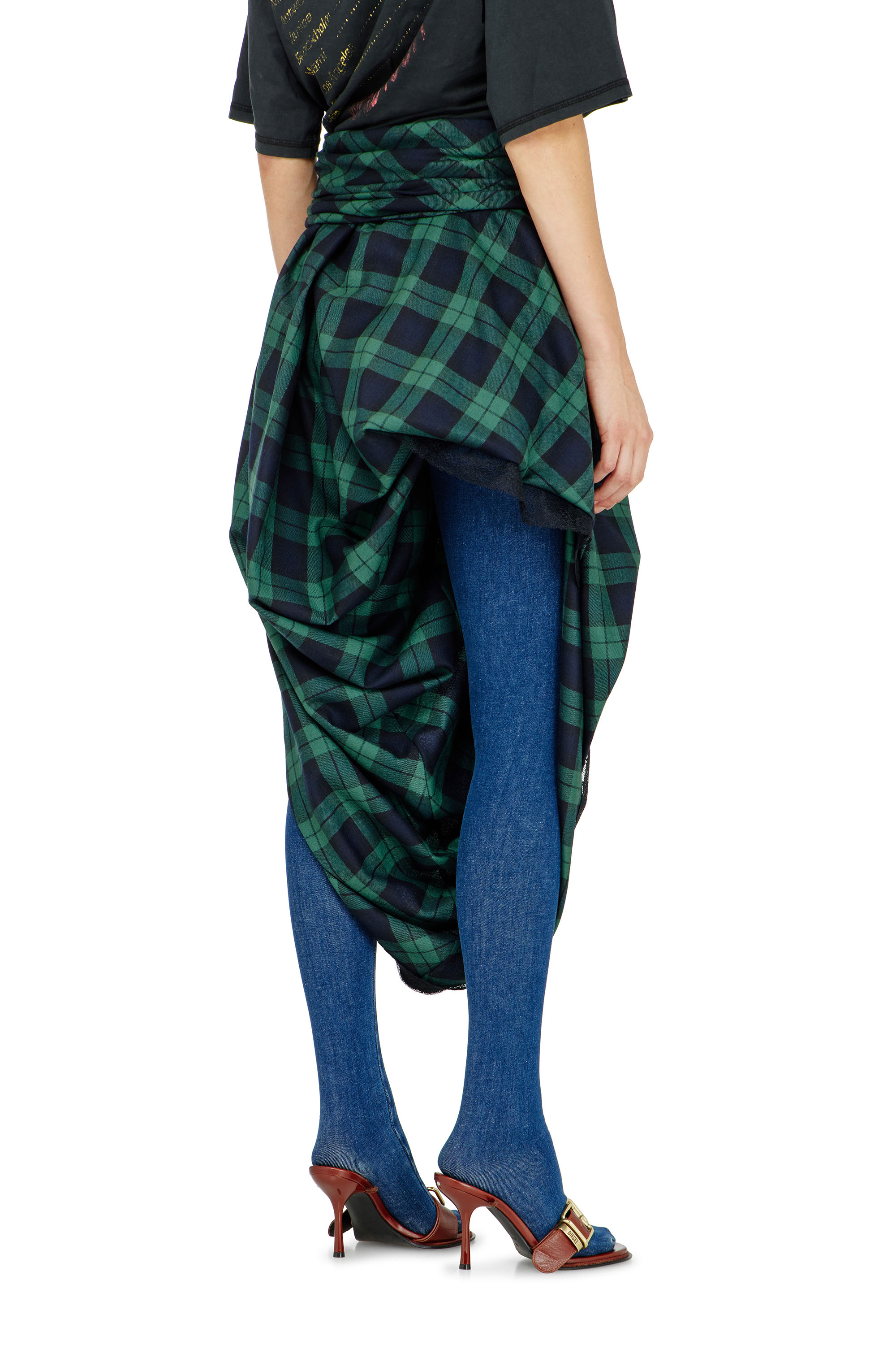 Diesel - O-WINNY, Woman's Draped tartan midi skirt with lace trim in null - 3