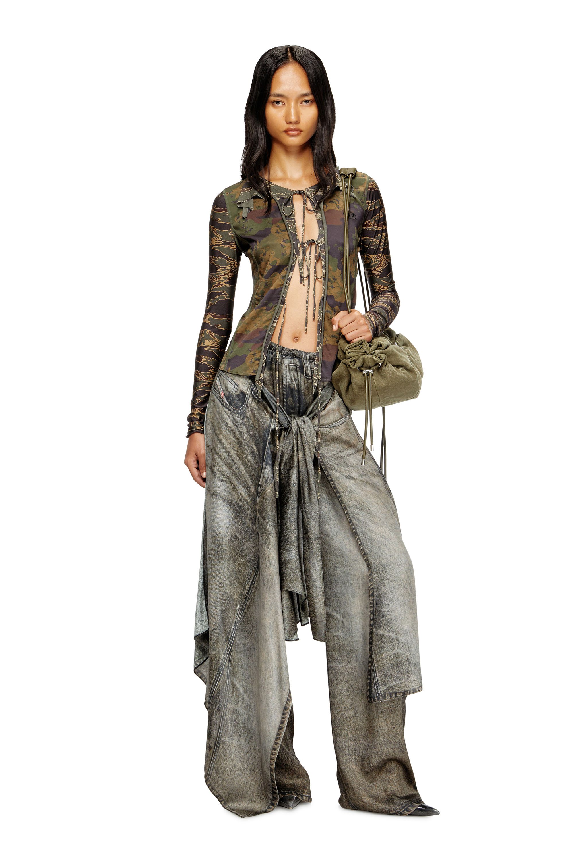 Diesel - T-AFRY, Woman's Tie cardigan with mixed camo prints in Military Green - 1