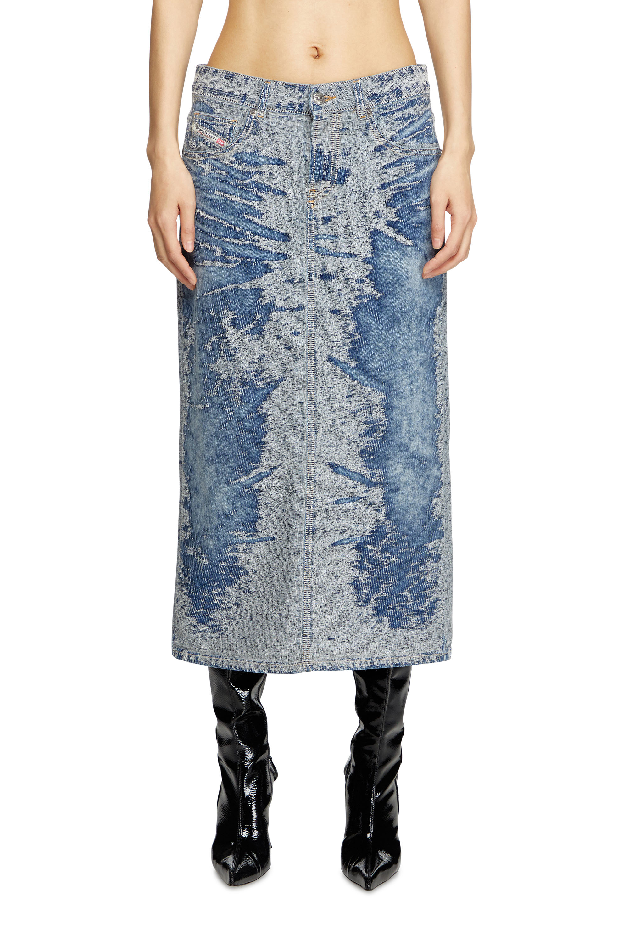 Diesel - DE-SKYE-S, Woman's Midi skirt in distressed jacquard denim in Light Blue - 3
