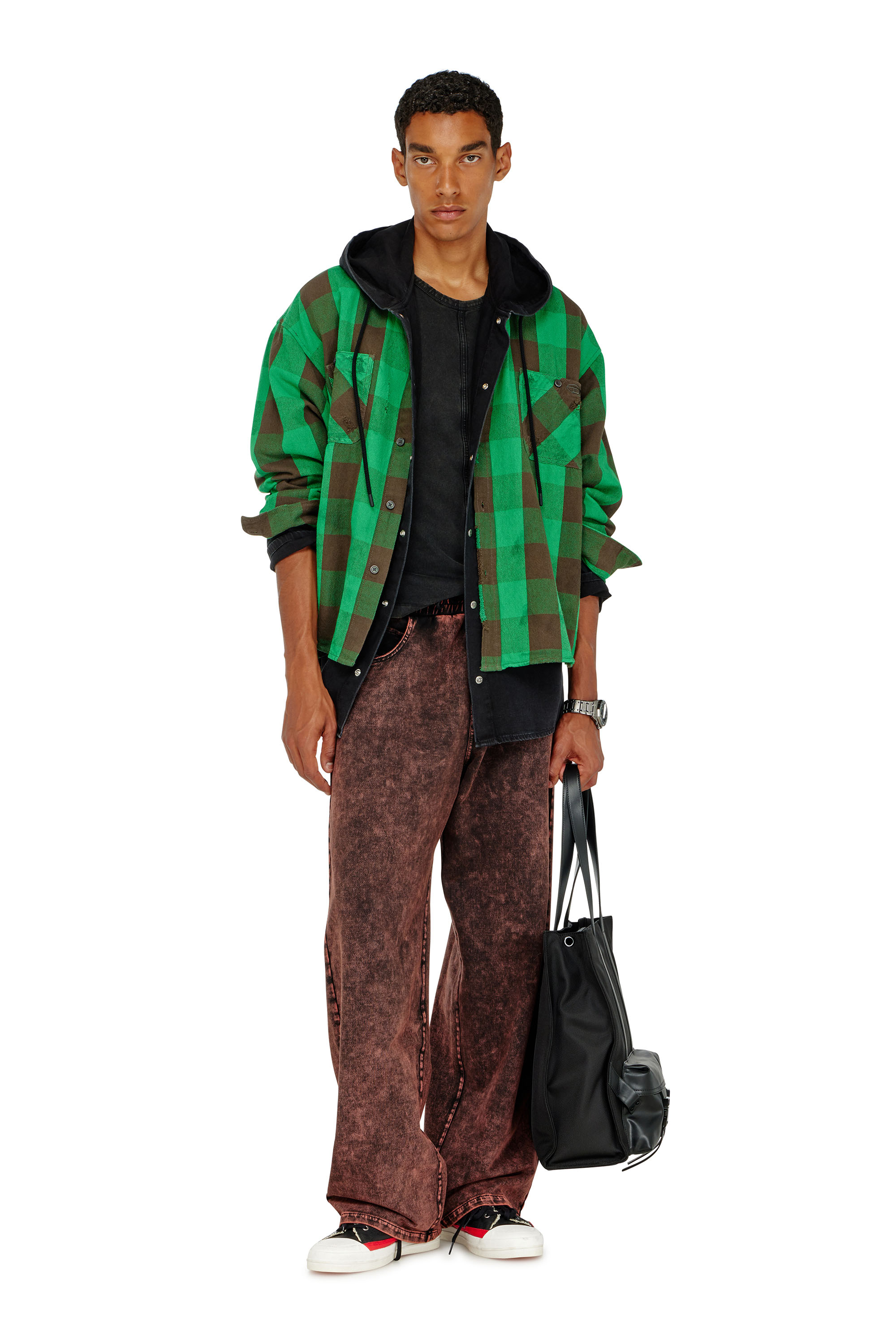 Diesel - S-DRUM, Man's Check flannel shirt with distressed effect in Green/Brown - 2
