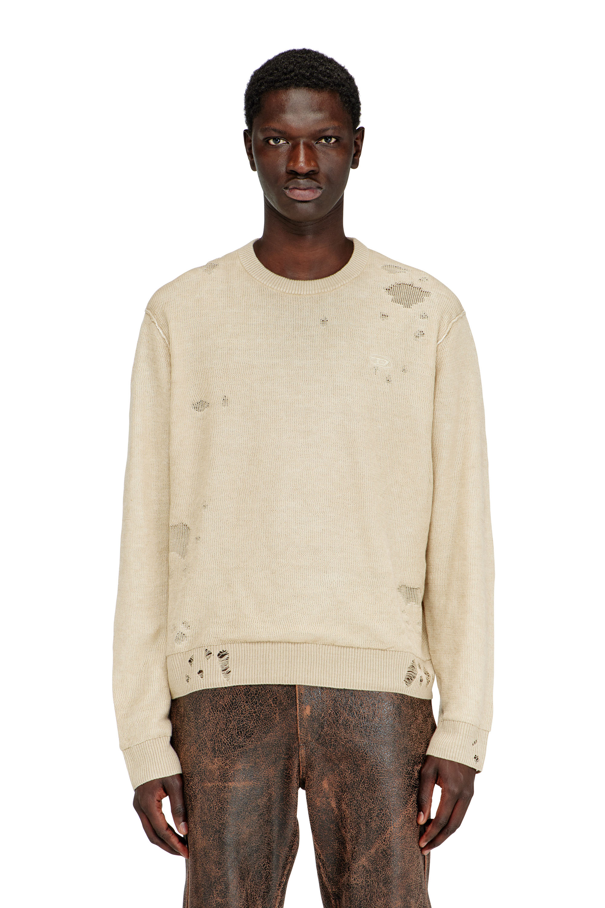 Diesel - K-DAIANAS, Man's Destroyed linen jumper in Light Brown - 1