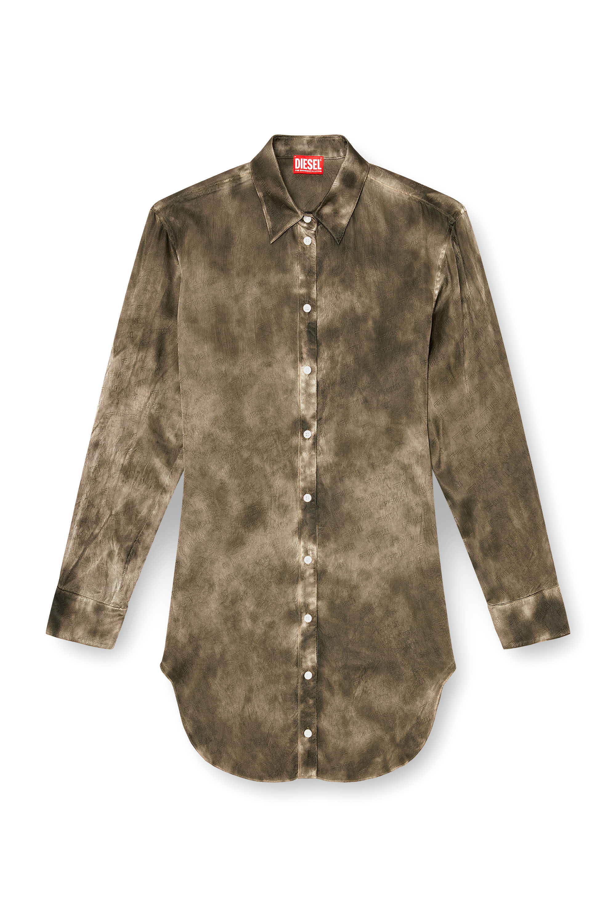 Diesel - C-LAVEL, Woman's Long shirt in logo-jacquard crinkled satin in Military Green - 1