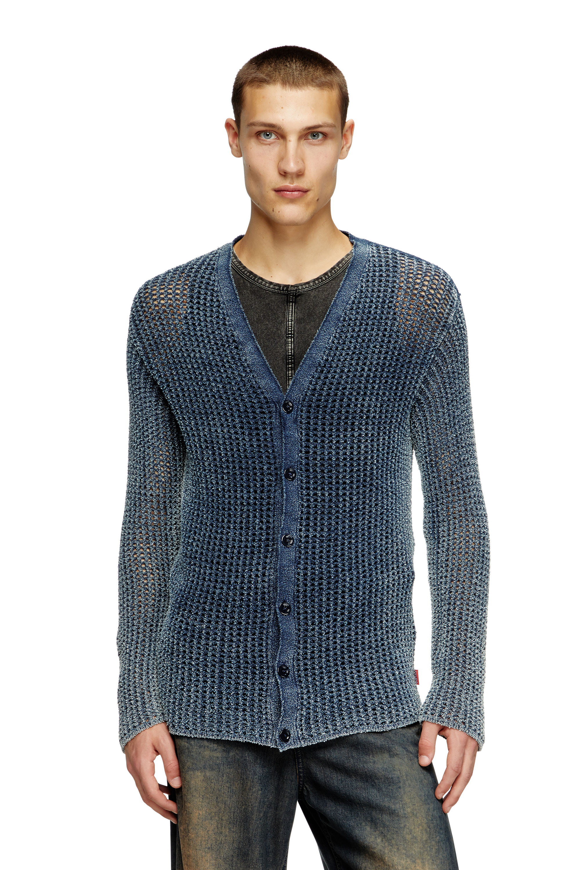 Diesel - K-REDRAM, Man's Mesh-knit cardigan in denim yarn in Blue - 1
