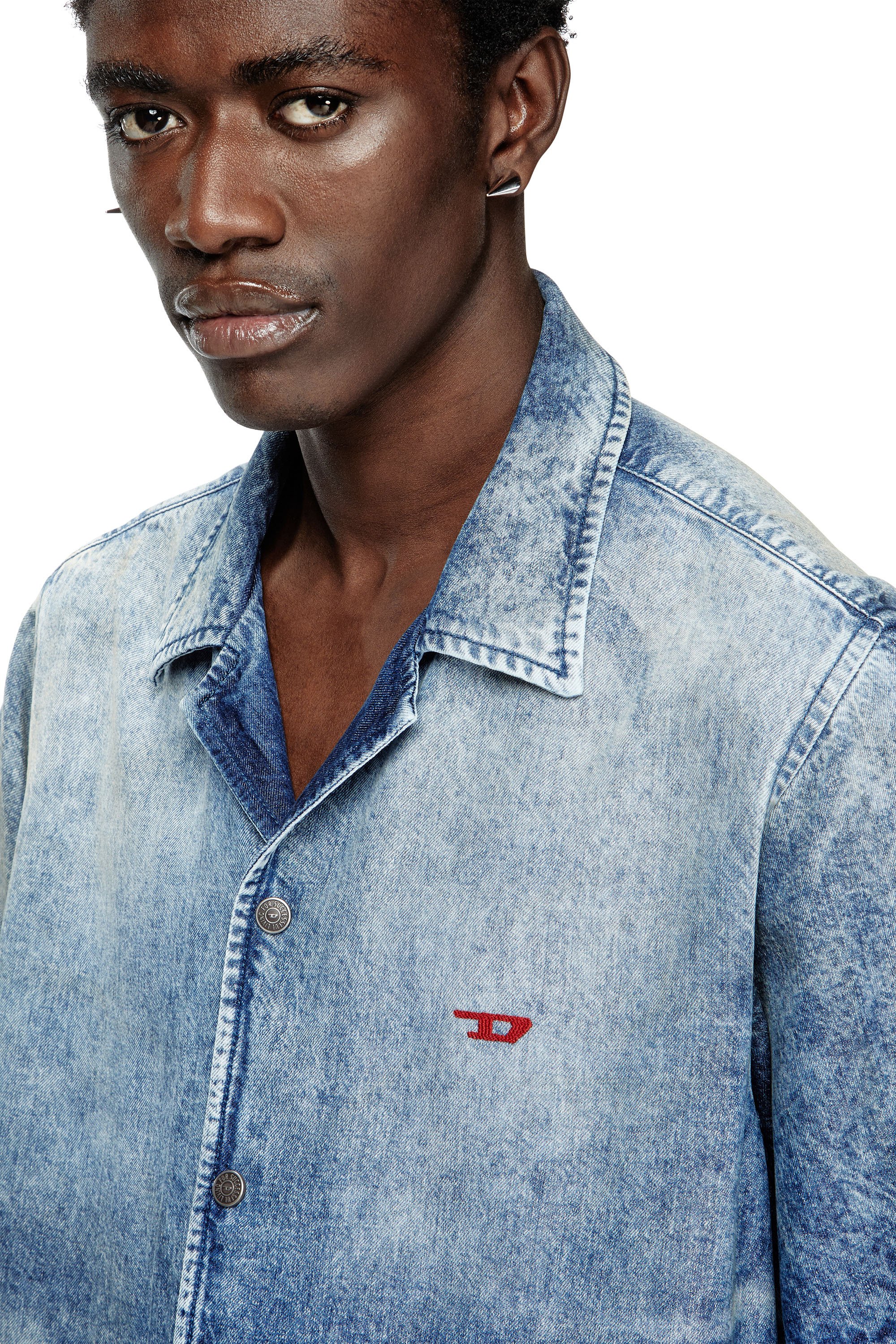 Diesel - D-NABIL-FSG, Man's Bowling shirt in distressed denim in Medium blue - 5