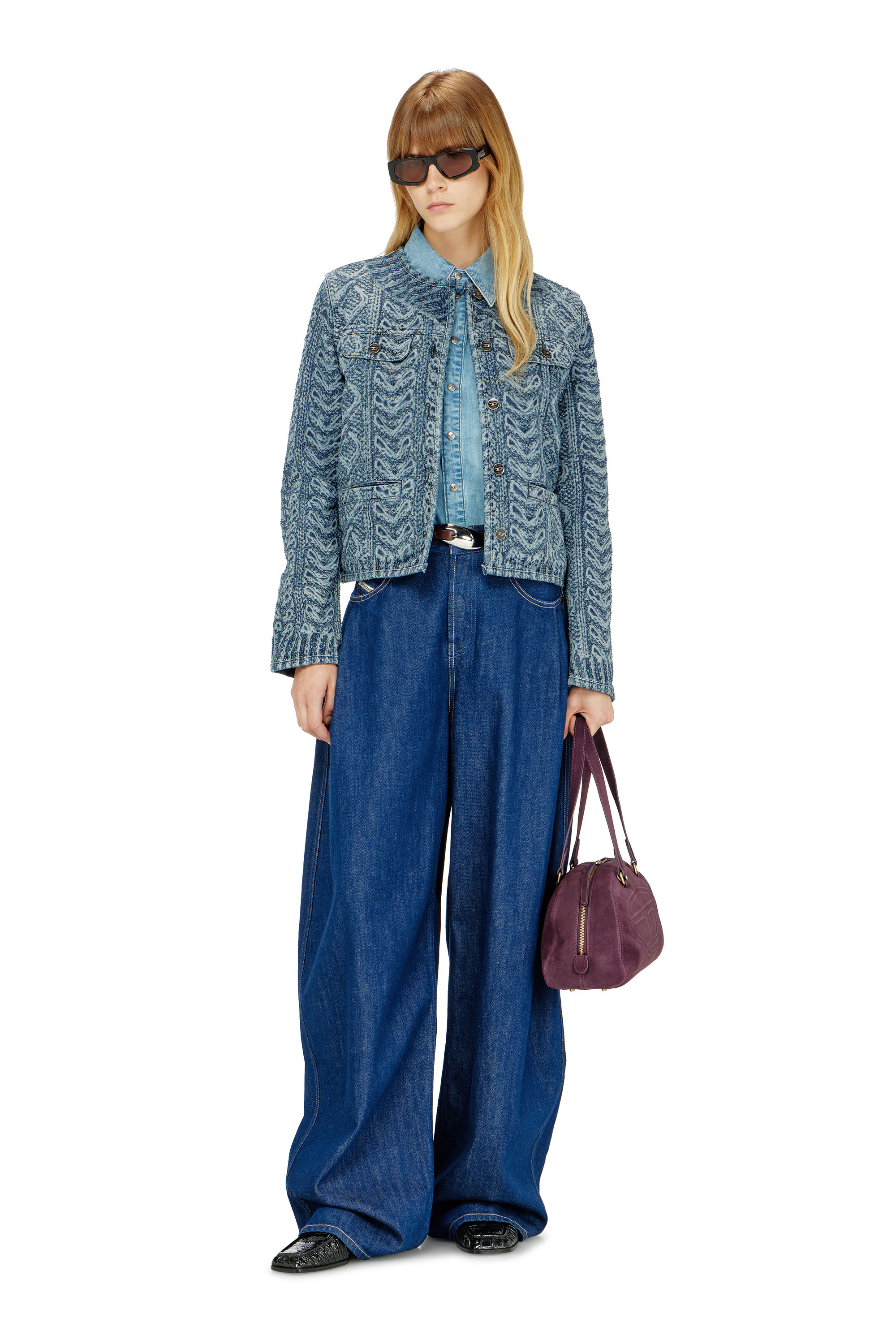 Diesel - DE-GRAFY-S2, Woman's Collarless jacket in cable-knit-effect denim in Dark Blue - 2