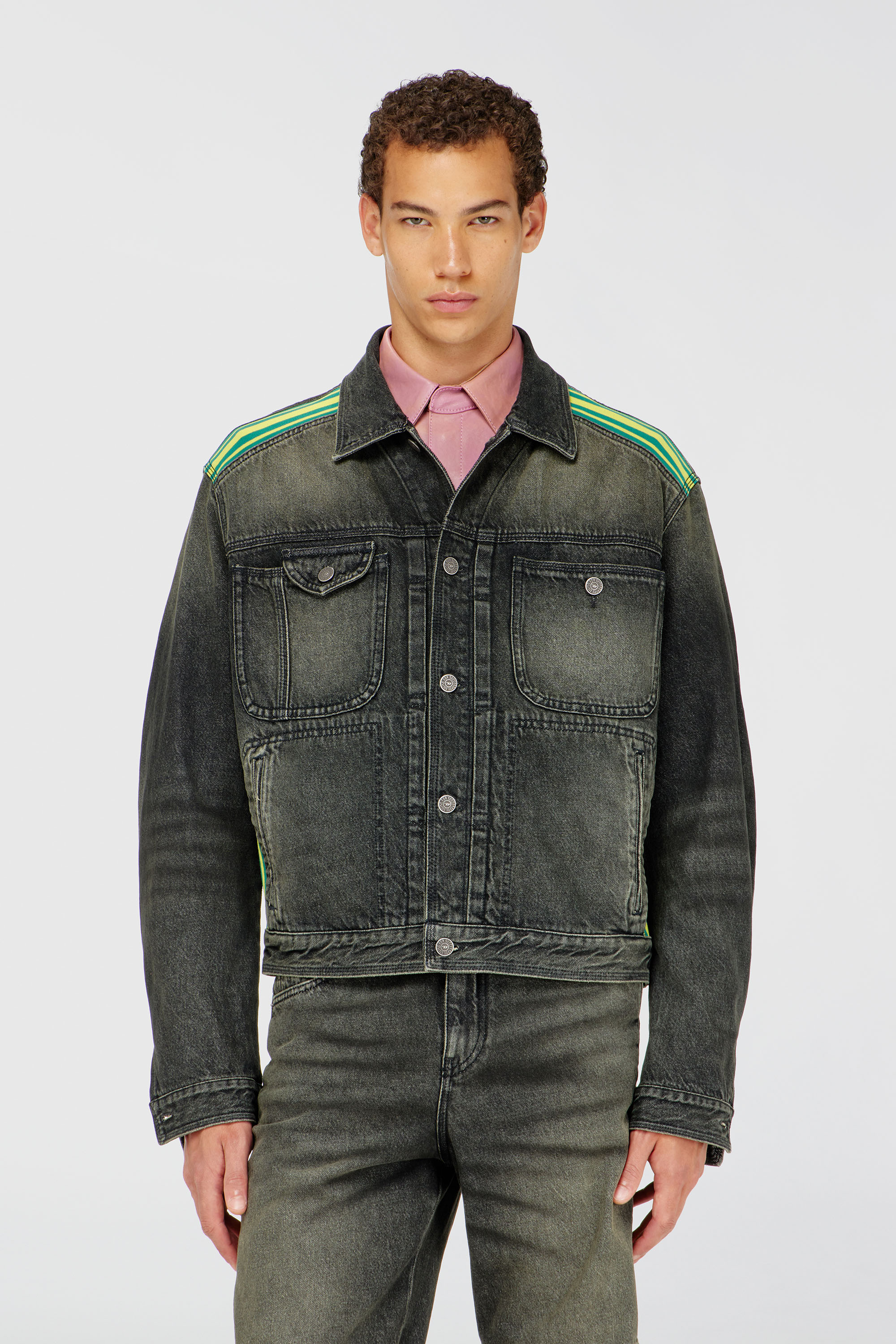 Diesel - D-BAS-FSJ1, Man's Trucker jacket with striped shoulder bands in Dark grey - 2